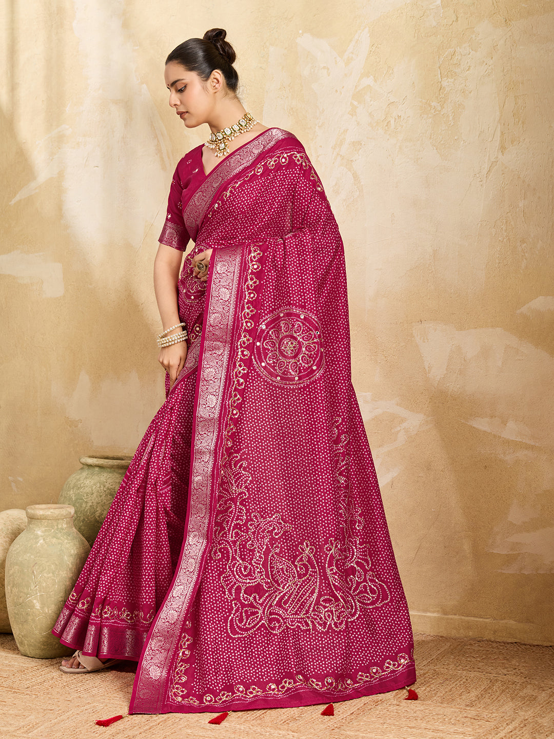 Tanmira  Designer Viscos Silk Bandhani Print Gotapatti Aaritari work Saree  Rani GAN
