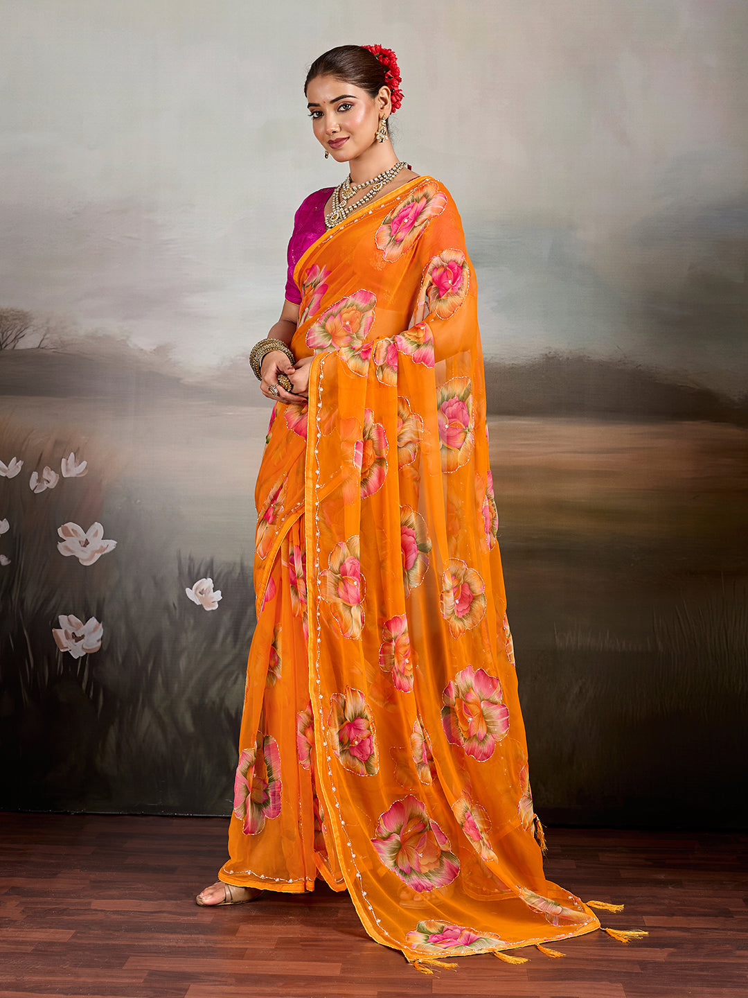 Tanmira  Premium Chiffon Saree with Beautiful Cutdana Work SHCR