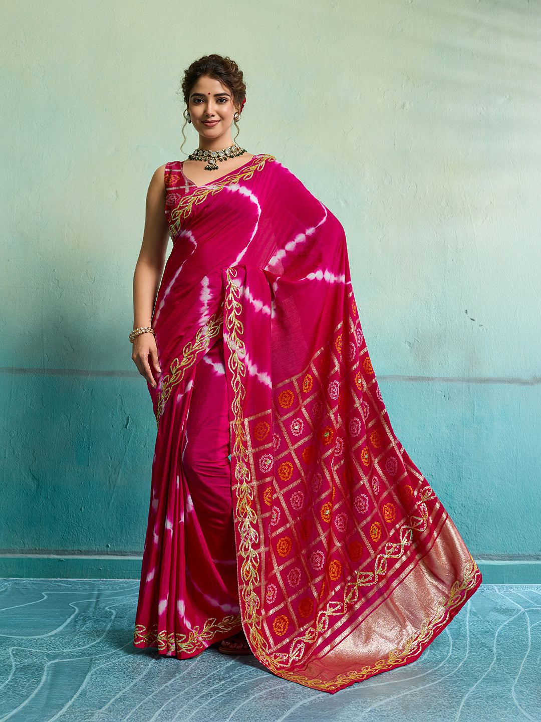 Tanmira  New Beautiful Bandhani Style Dola Silk Saree with Gotapatti Work Saree GAN
