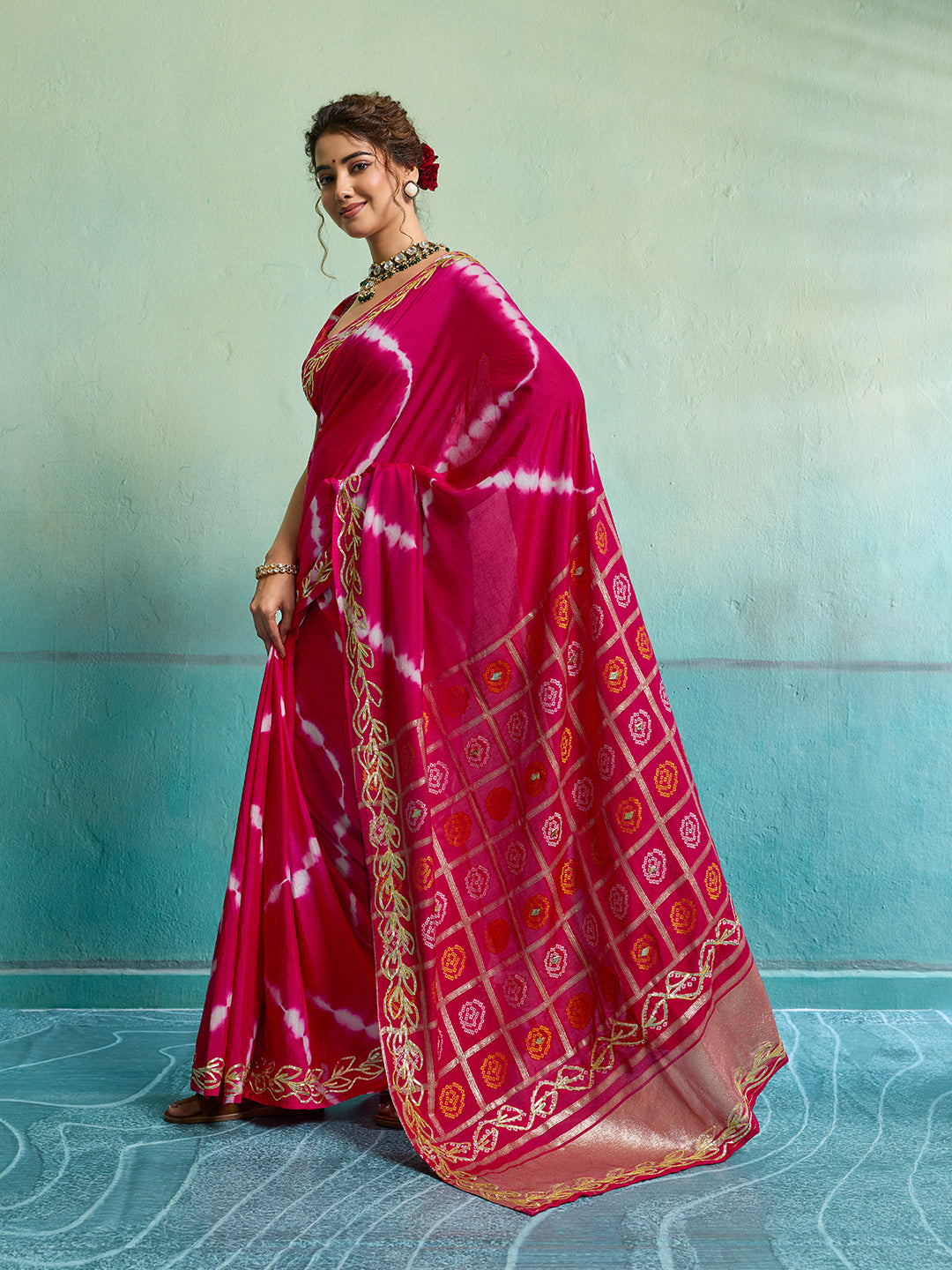 Tanmira  New Beautiful Bandhani Style Dola Silk Saree with Gotapatti Work Saree GAN