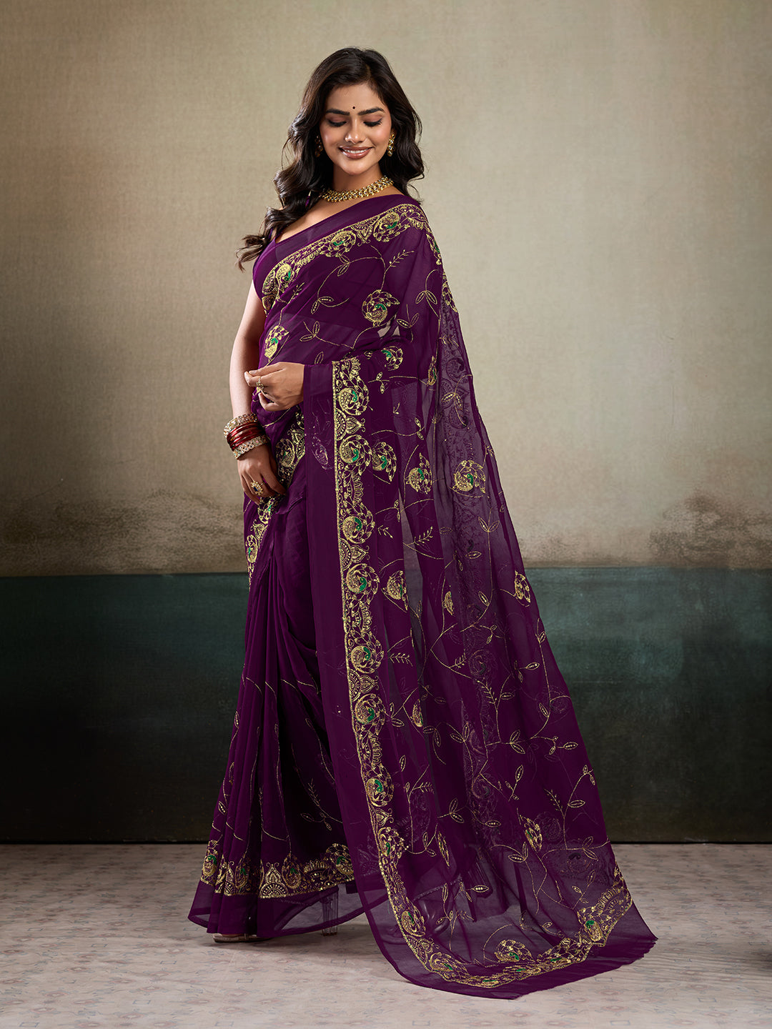 Tanmira  New Classic Chiffon Saree with Handcrafted Aari Tari Embellishment JAY