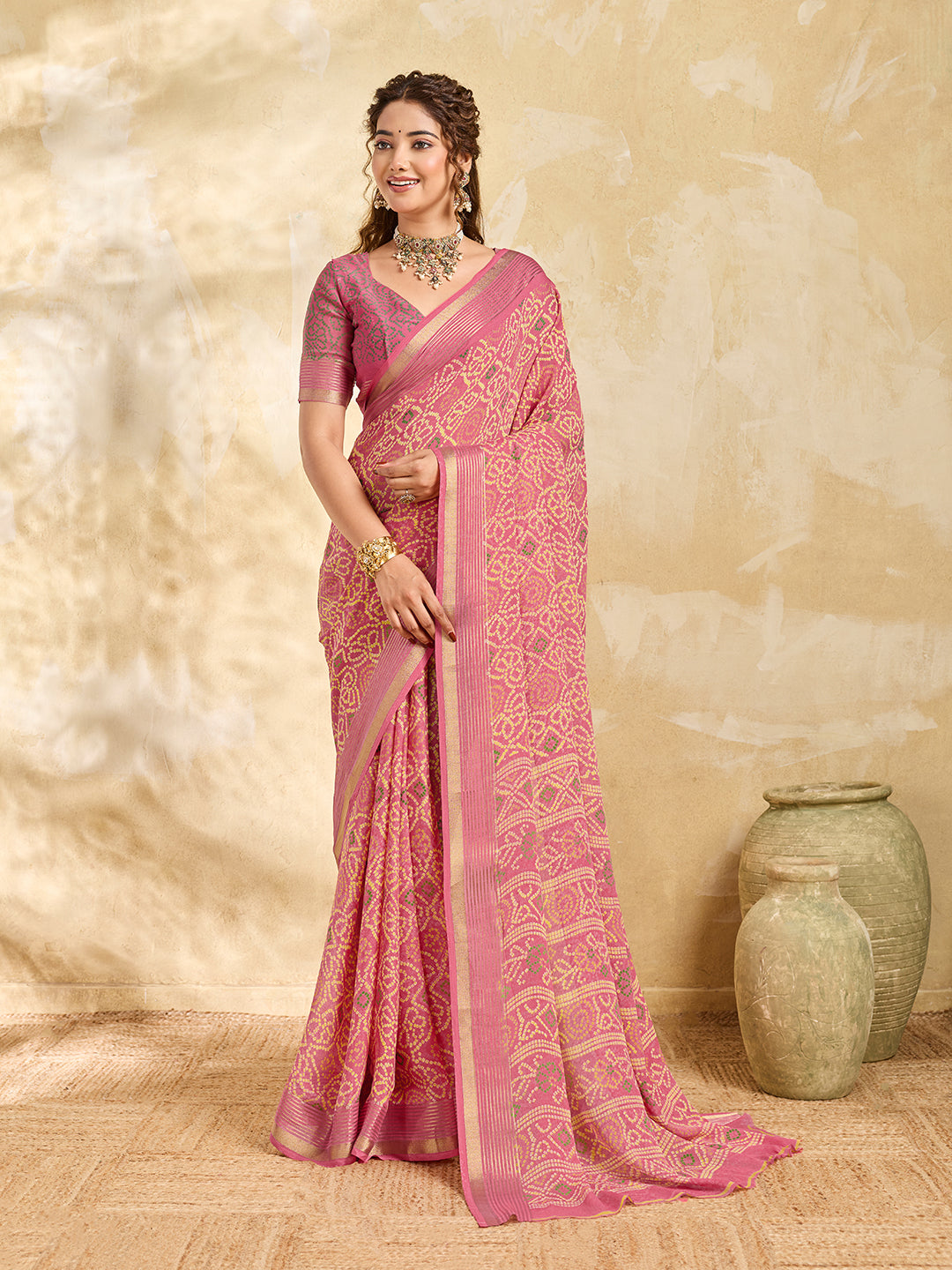 Tanmira  New Premium Chiffon Bandhani Saree with Woven Thread Border KDN
