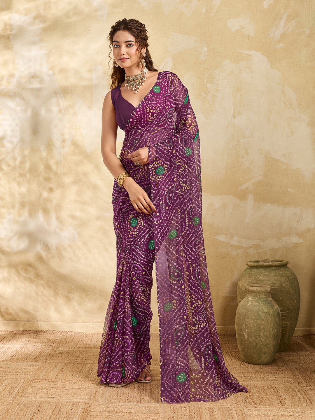 Tanmira Rajwadi Style Royal Georgette Bandhani Sarees Wine