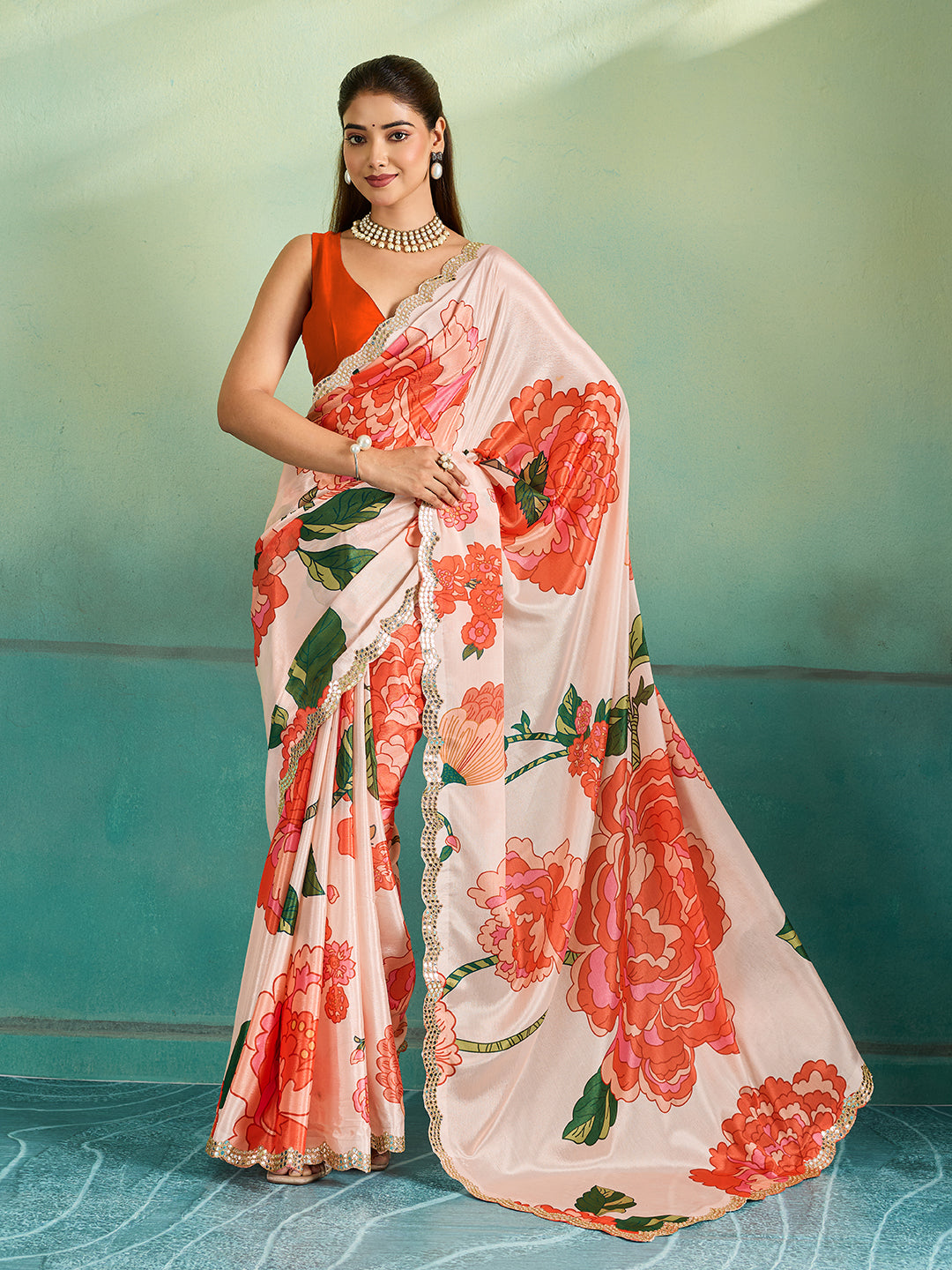 Tanmira Special Chinon Crape Floral Print Gotapatti Cutwork Border Sarees sana Off White