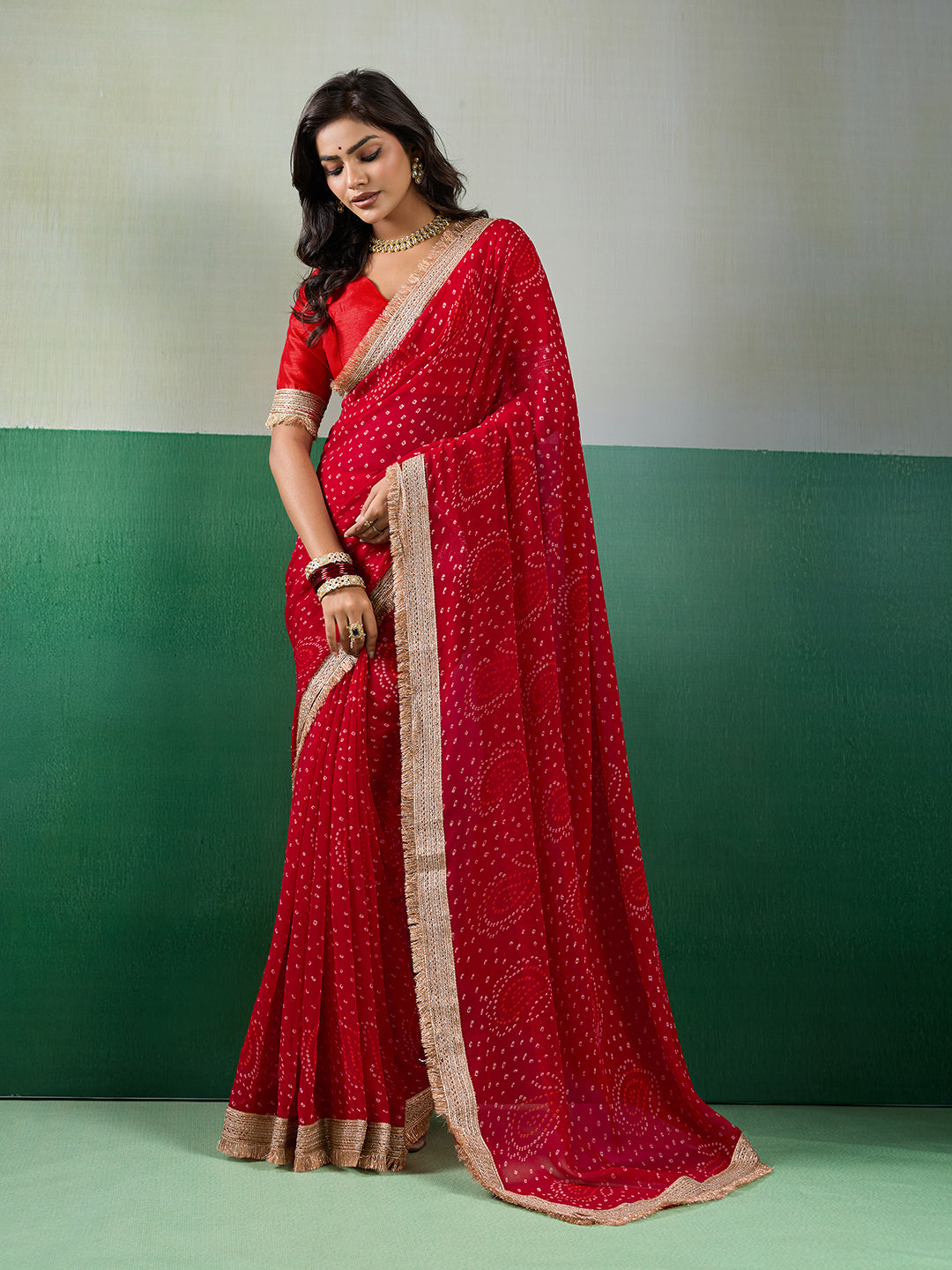 Tanmira  Beautifully Crafted Bandhani Georgette Saree with Embroidery KDN