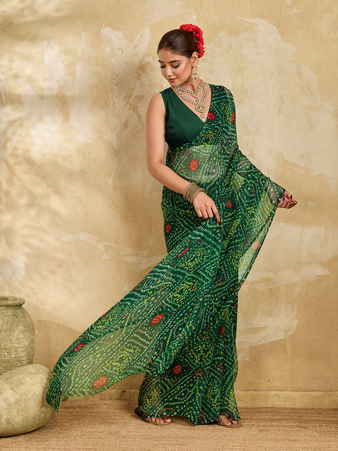 Tanmira Rajwadi Style Royal Georgette Bandhani Sarees Bottle Green