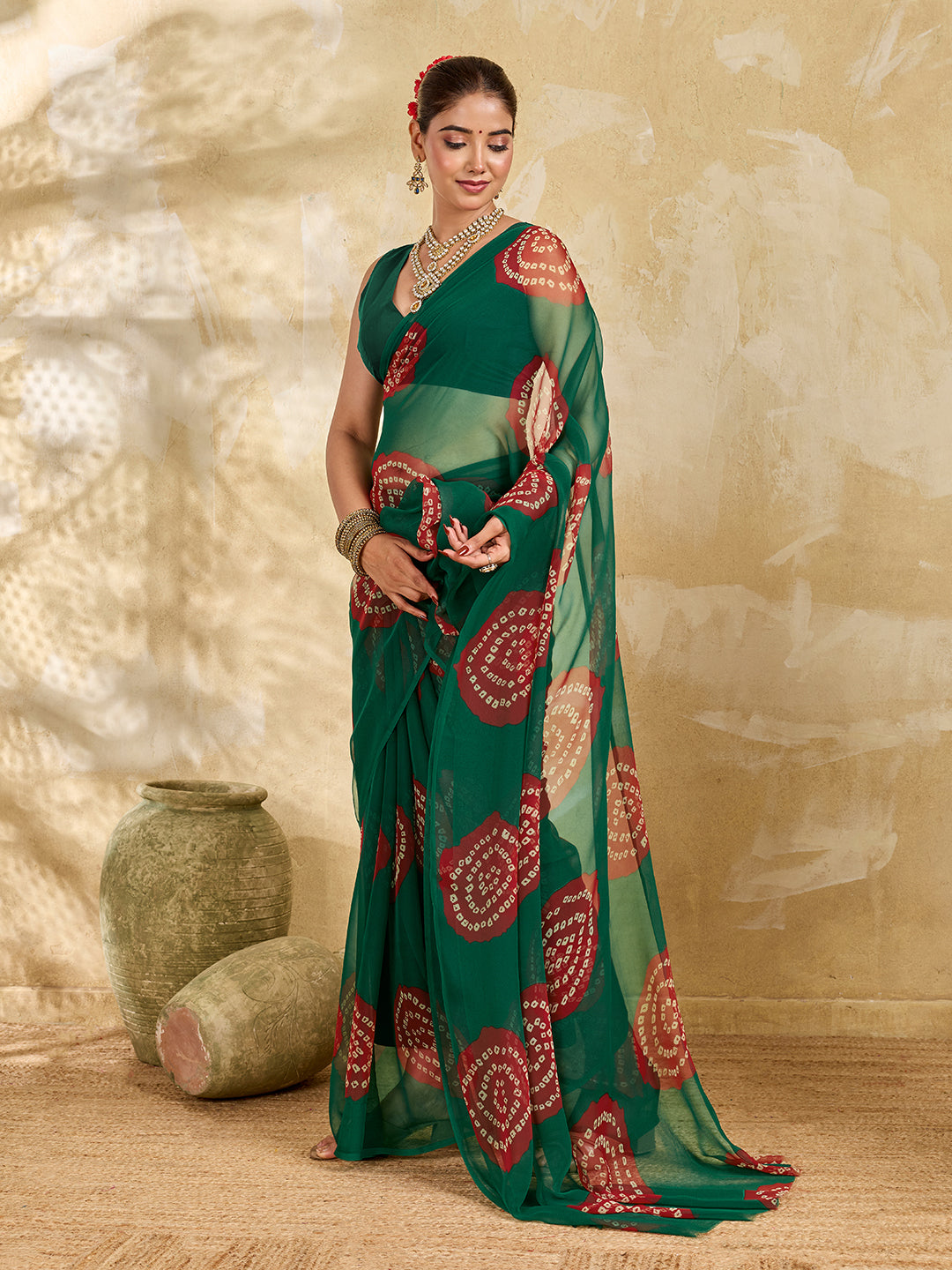 Tanmira Summer Special Rajasthani Royal Georgette Bandhani Sarees Bottle Green