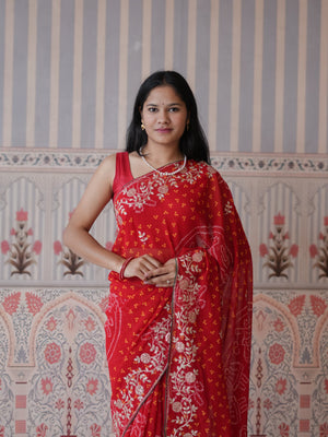Buy New Bandhani Style Saree with Thread Embroidery Work Tanmira  image 4