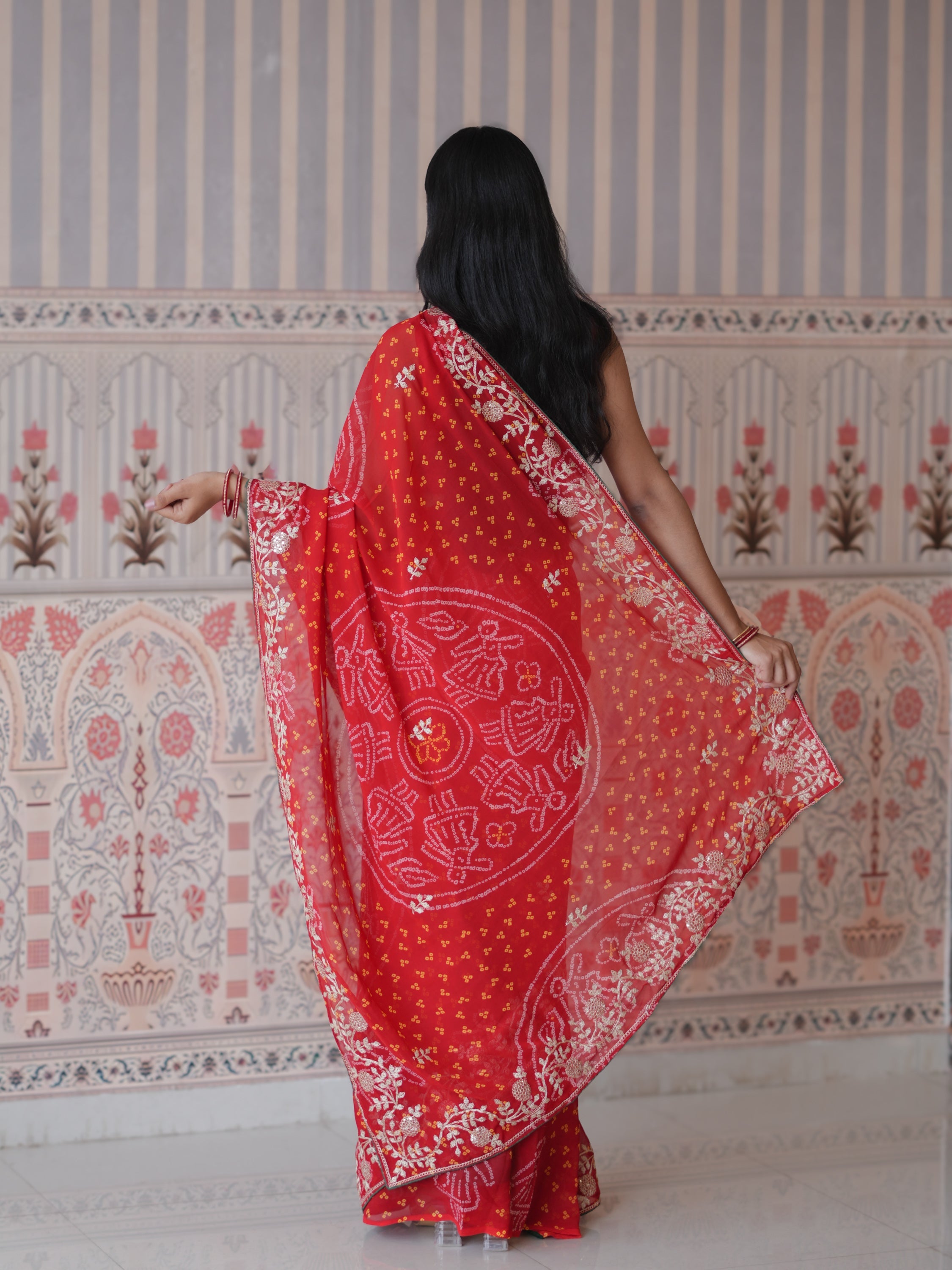 Buy New Bandhani Style Saree with Thread Embroidery Work Tanmira  image 6