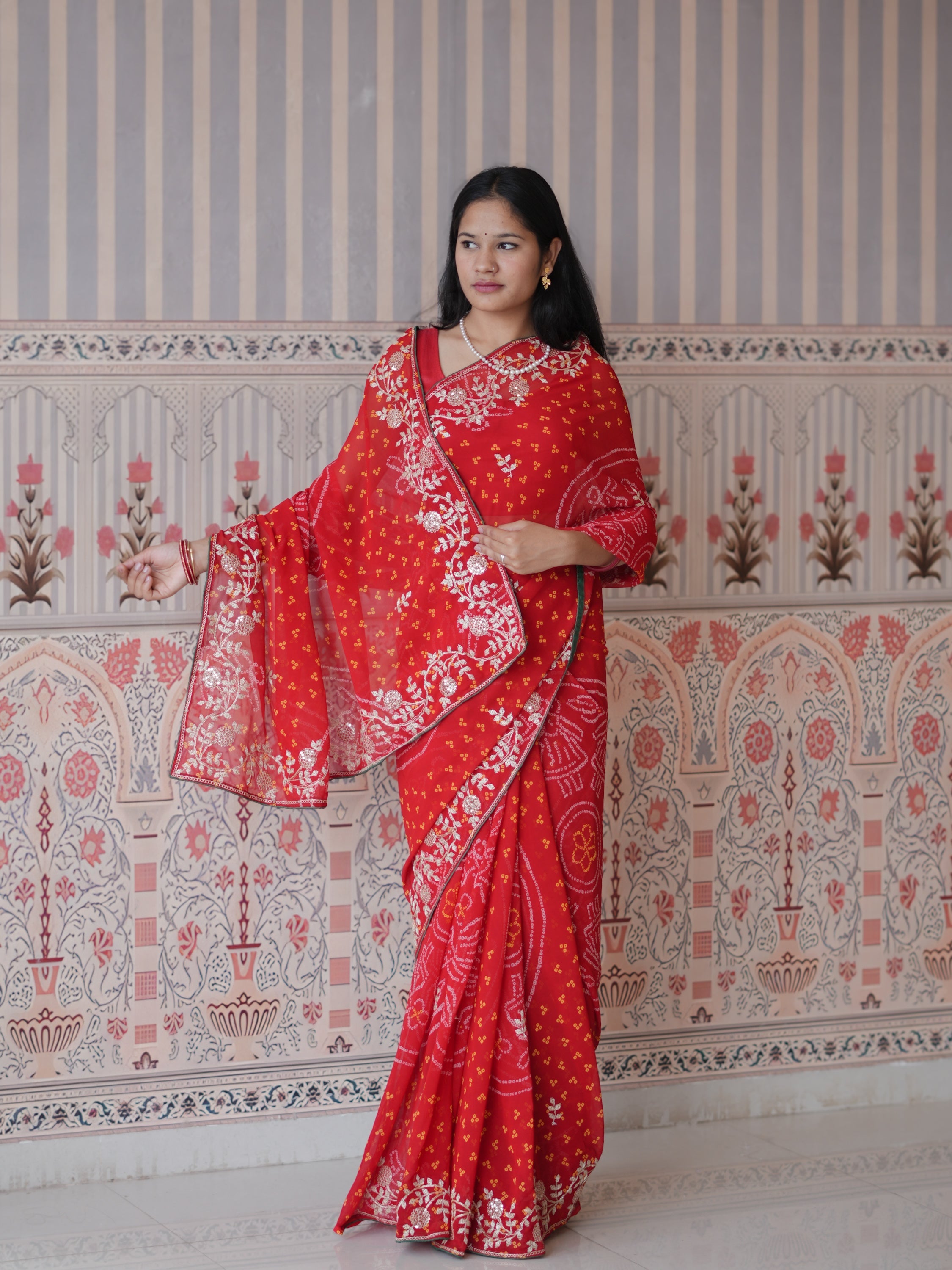 Buy New Bandhani Style Saree with Thread Embroidery Work Tanmira  image 5