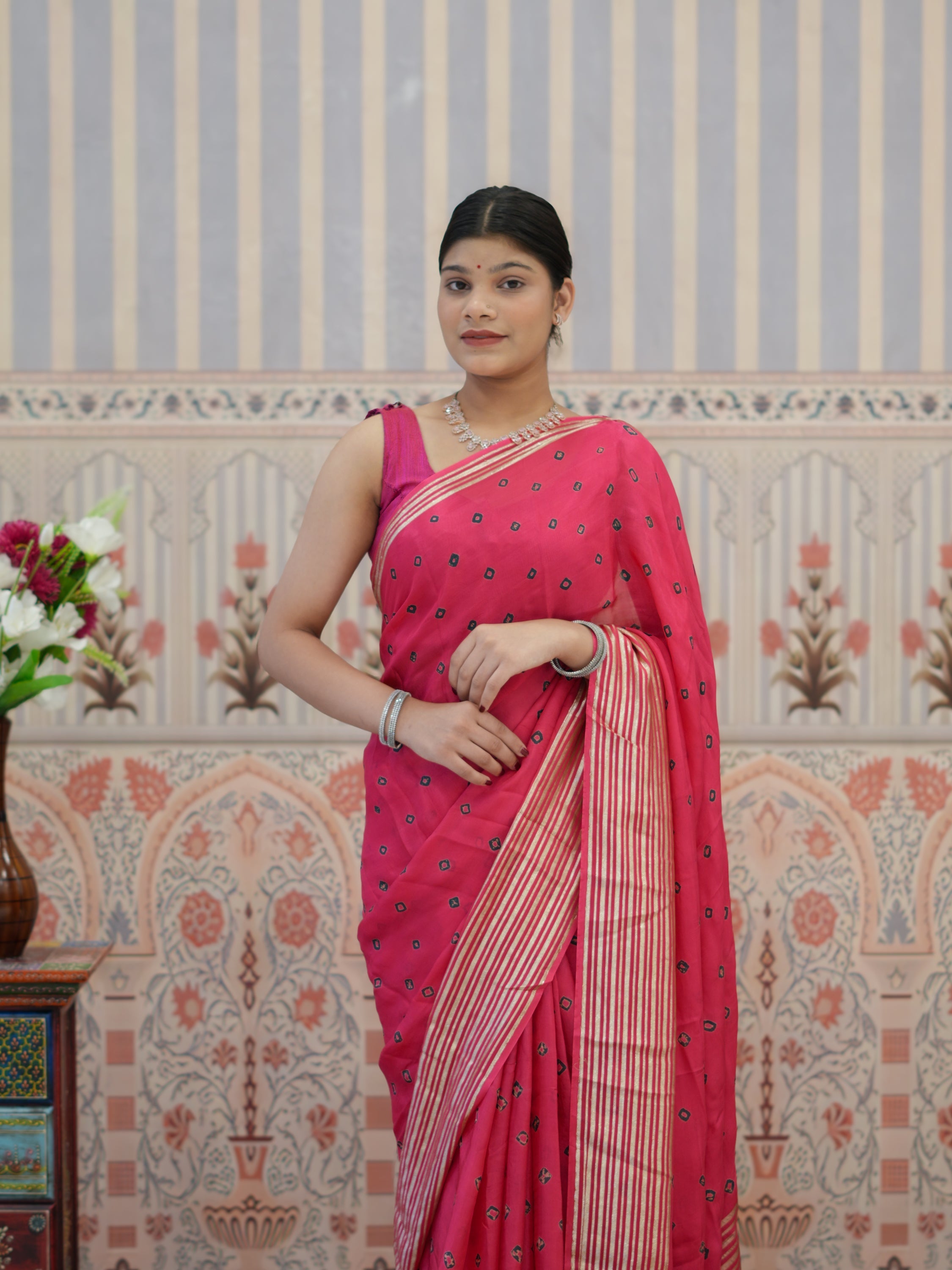 Buy Chinon Silk With Bandhani Saree Tanmira 