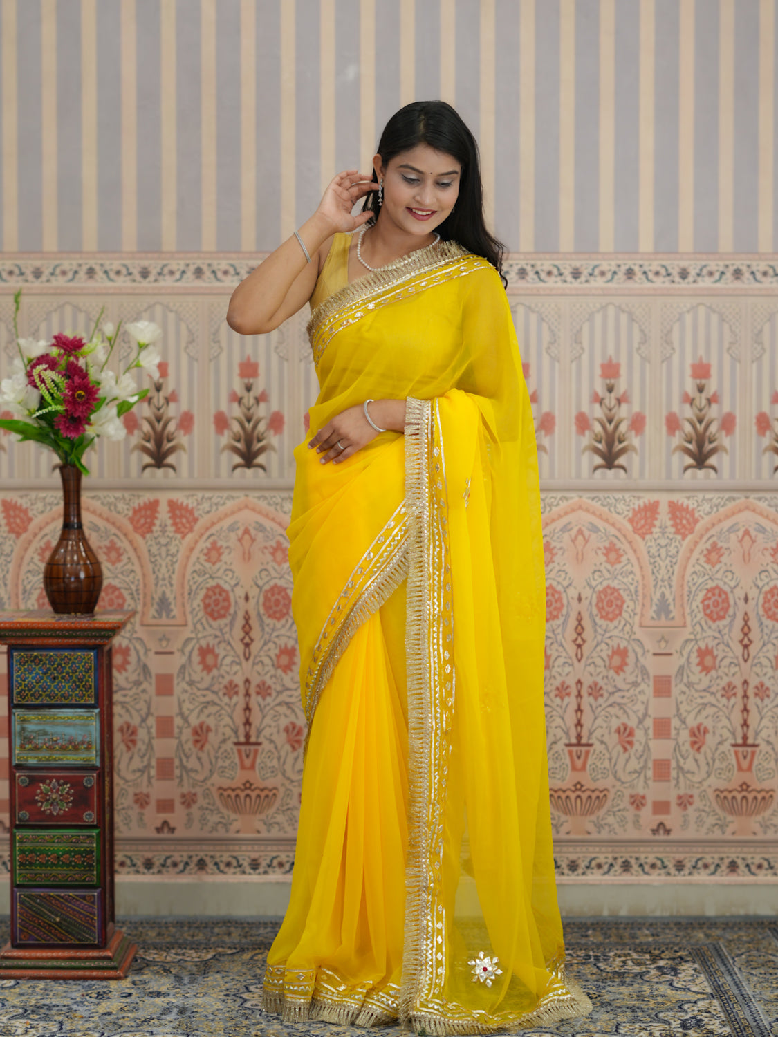 Buy Festive Wear Pure Georgette Saree with Gota Patti work in yellow colour