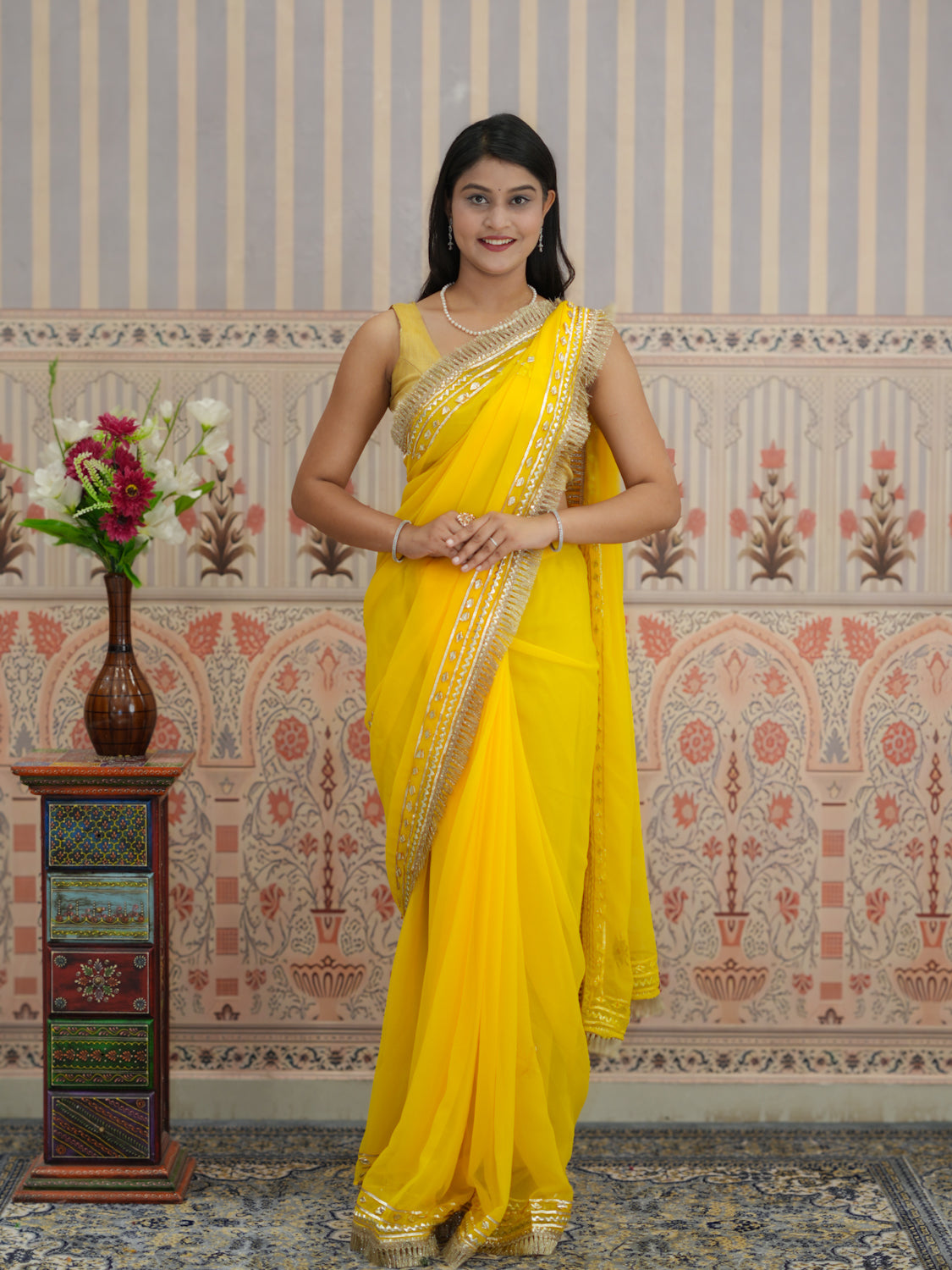 Buy Festive Wear Pure Georgette Saree with Gota Patti work in yellow colour