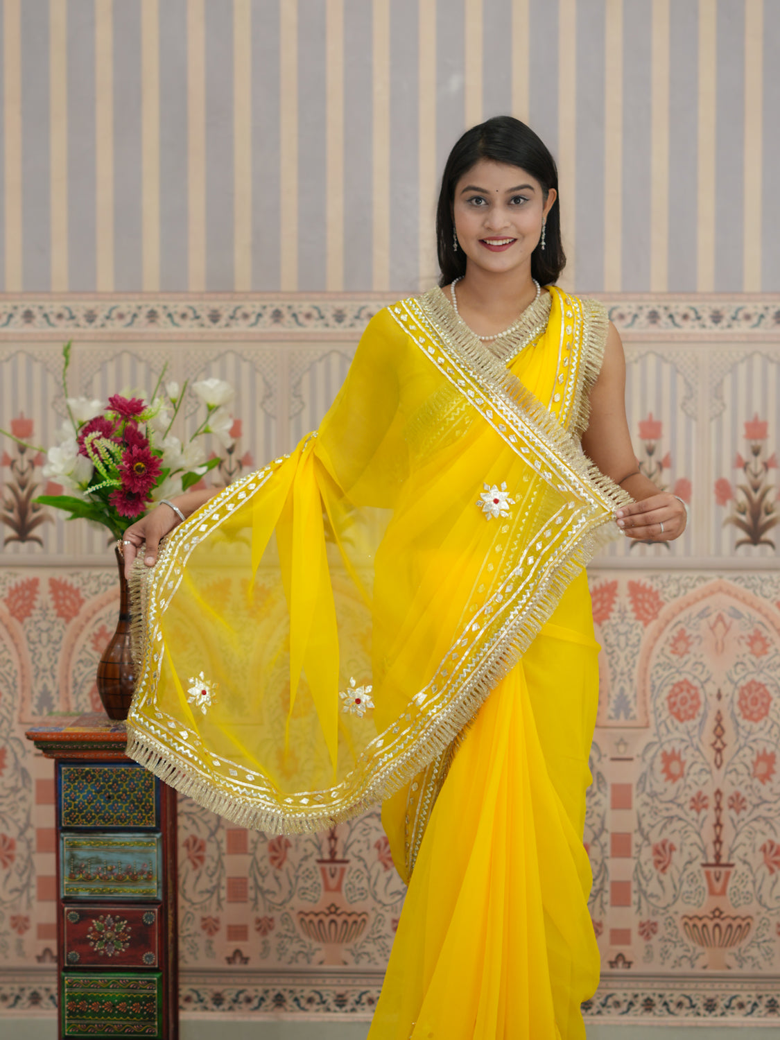 Buy Festive Wear Pure Georgette Saree with Gota Patti work in yellow colour