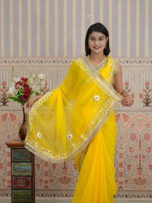 Buy Festive Wear Pure Georgette Saree with Gota Patti work in yellow colour