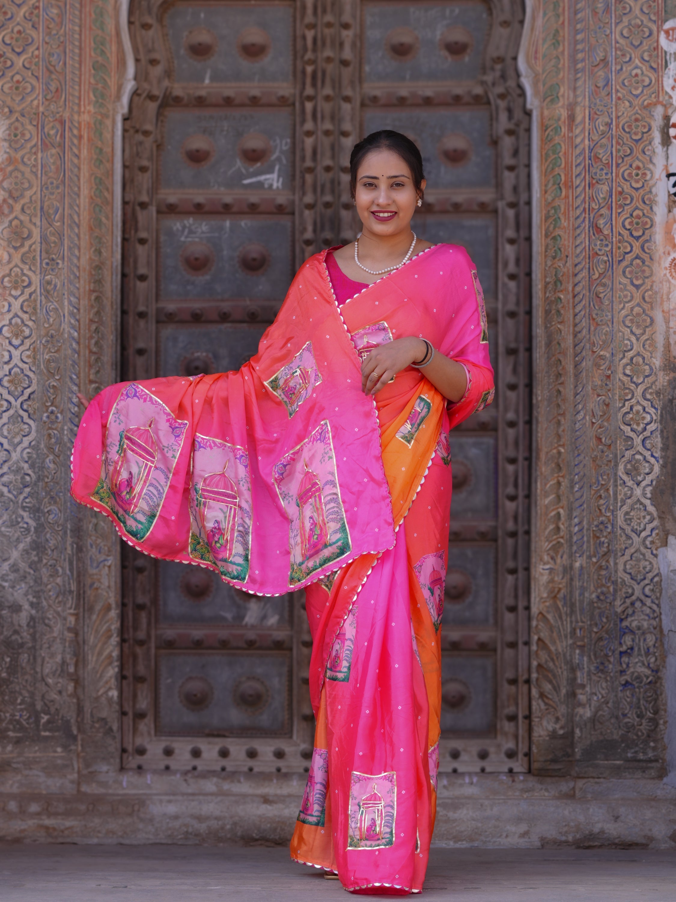 Buy Premium Saree in Kalamkari Style with Gota Detailing Tanmira 