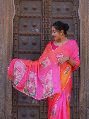 Buy Premium Saree in Kalamkari Style with Gota Detailing Tanmira 