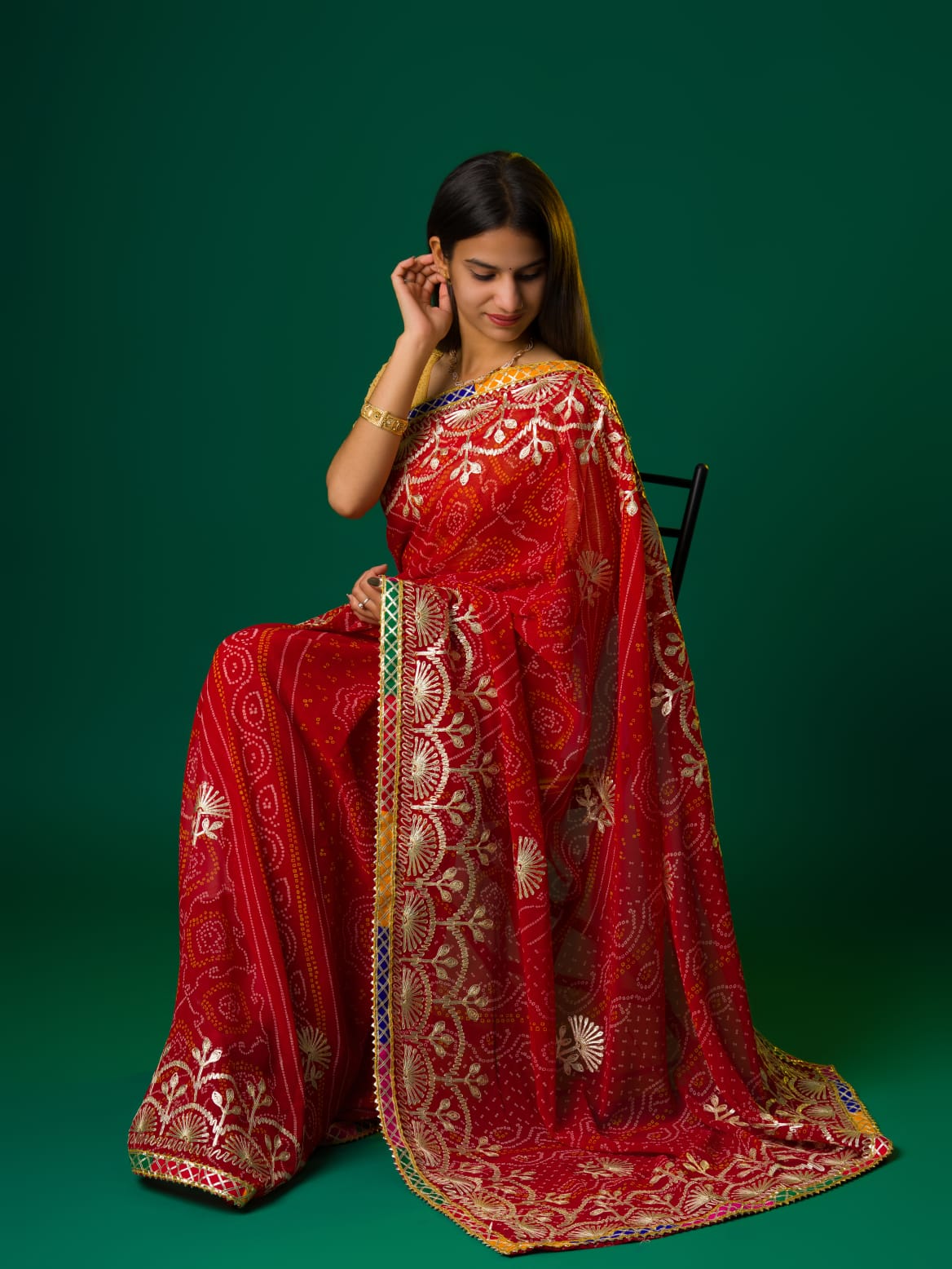 Tanmira New Chiffon Chunri Print Bandhani Kacha Gotapatti Work Saree  BHT