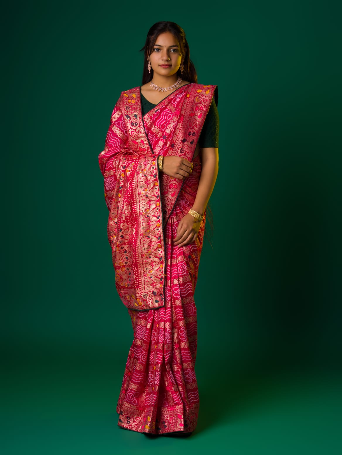  A pink and multicolor bandhani style saree