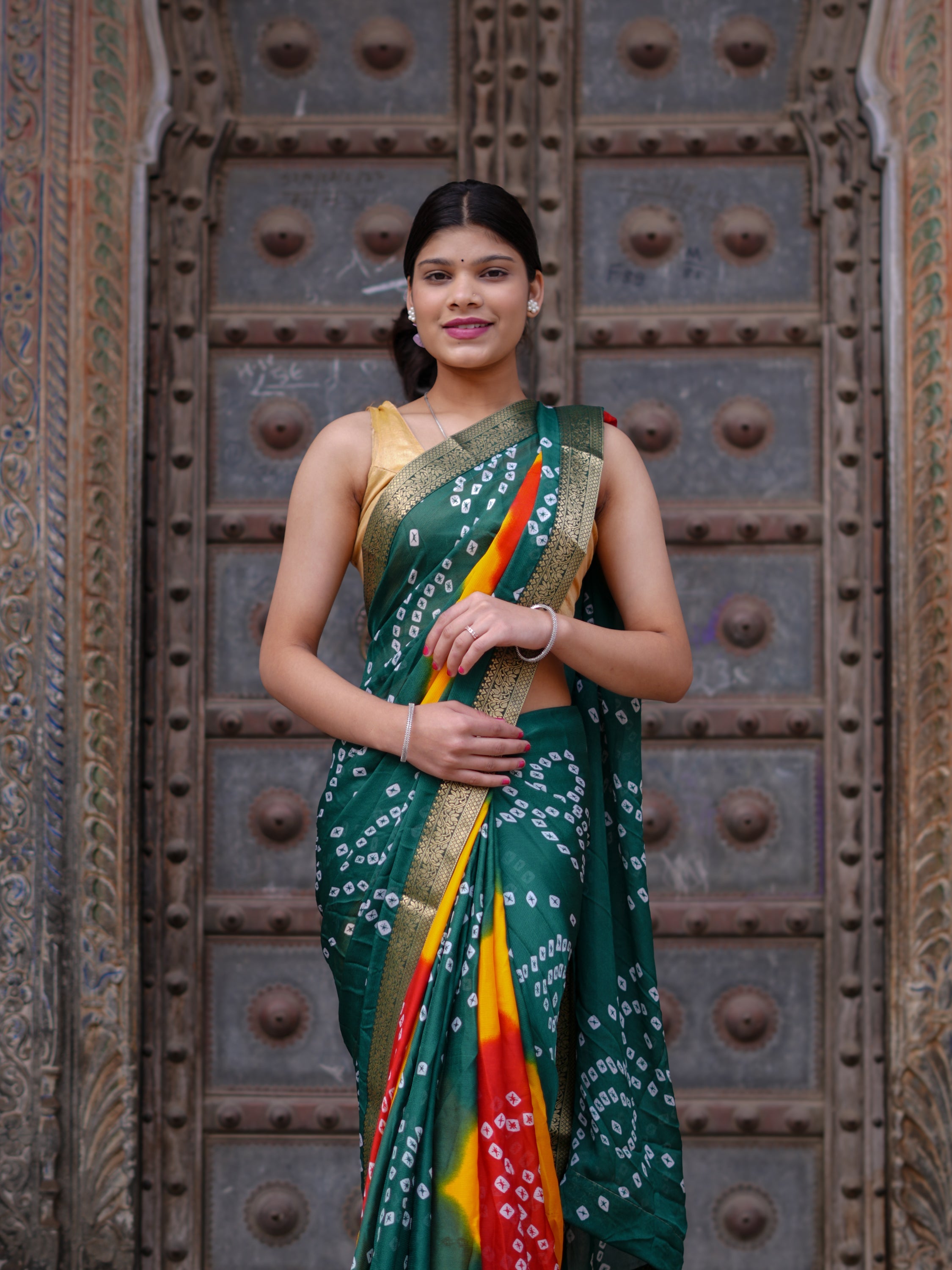 Tanmira  New Elegant Moss Chiffon Georgette Bandhani Saree with Zari Border KDN