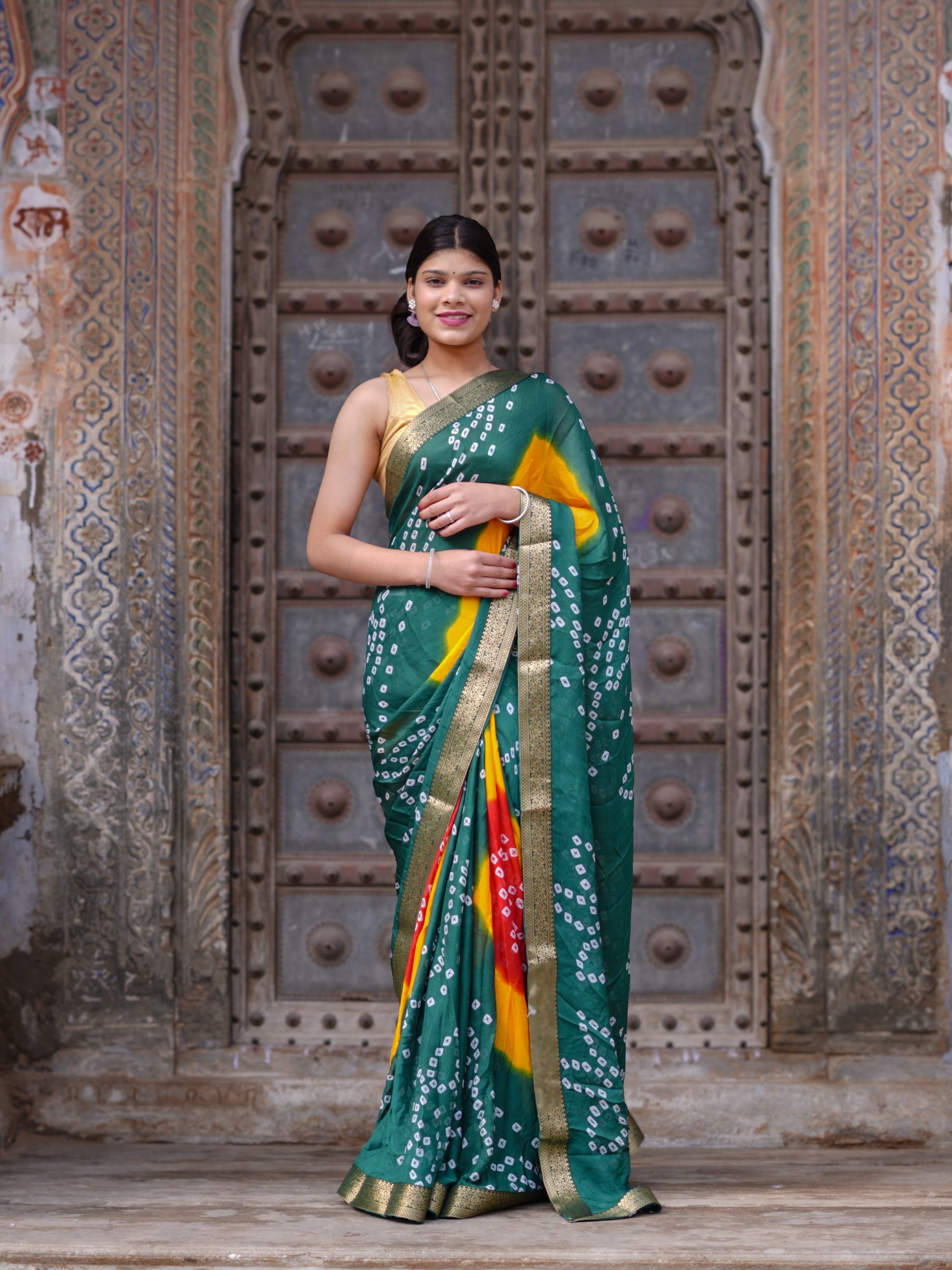 Tanmira  New Elegant Moss Chiffon Georgette Bandhani Saree with Zari Border KDN