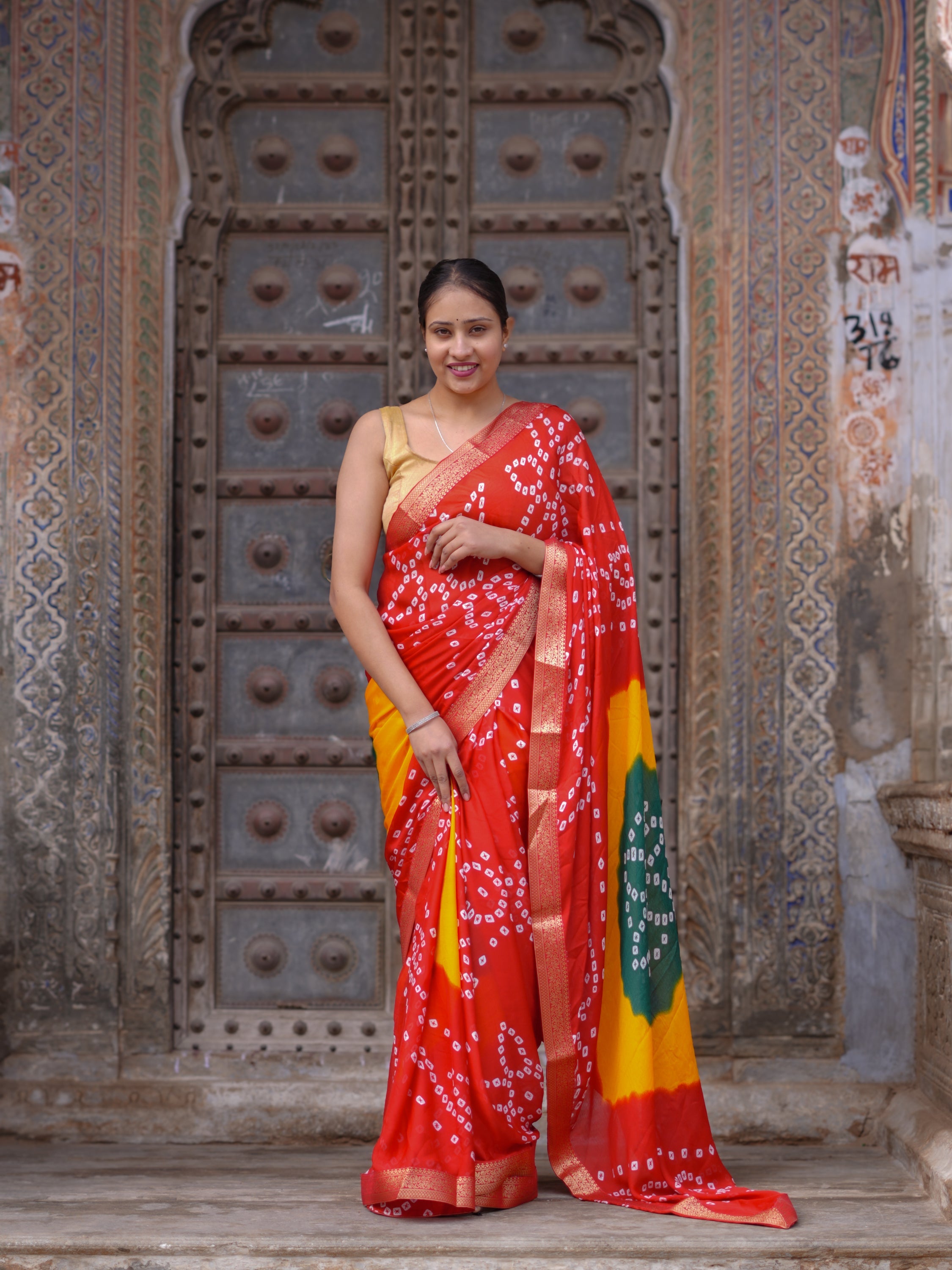 Tanmira  New Moss Chiffon Georgette Bandhani Style Saree with Zari Border KDN