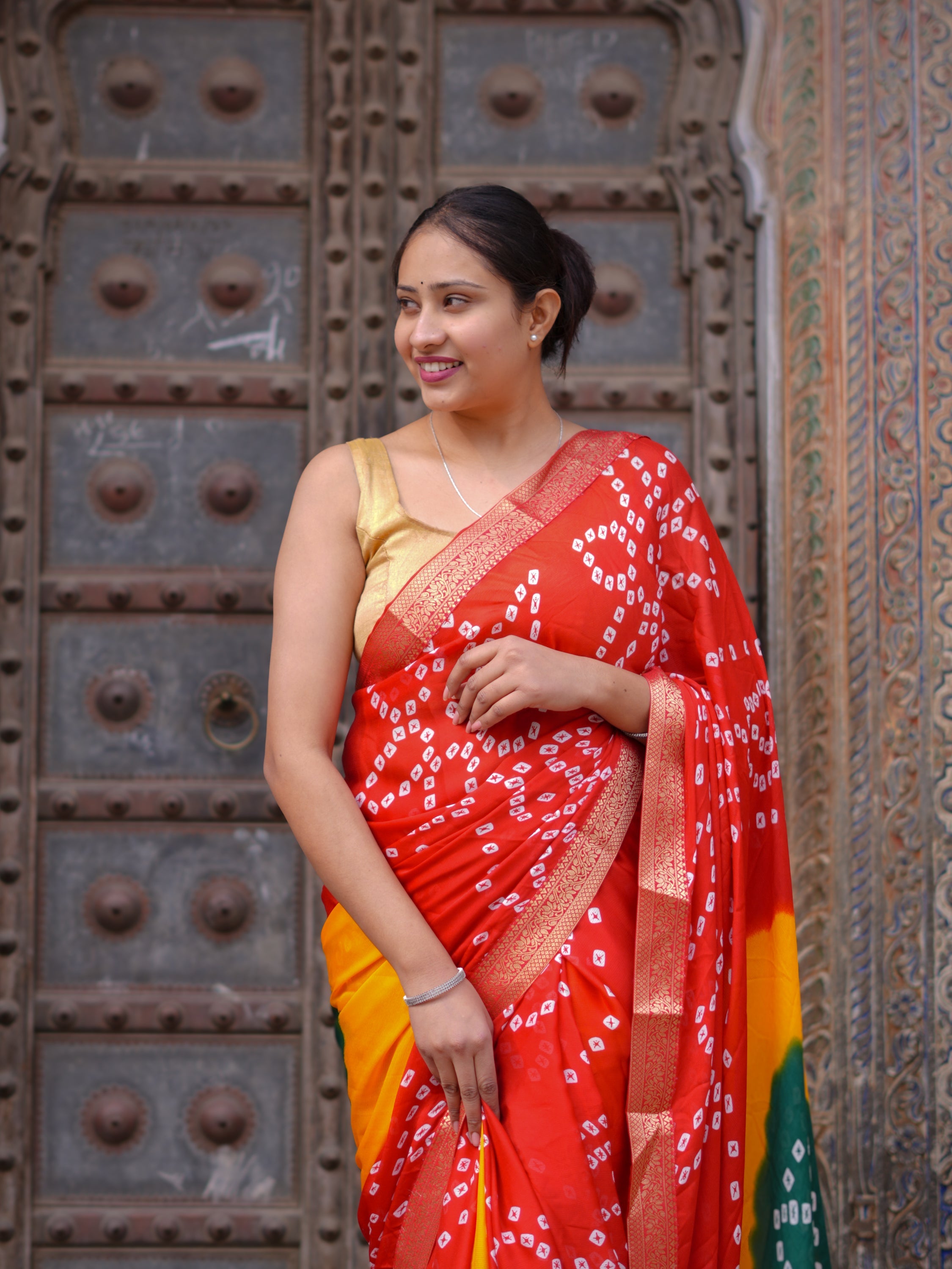 Tanmira  New Moss Chiffon Georgette Bandhani Style Saree with Zari Border KDN