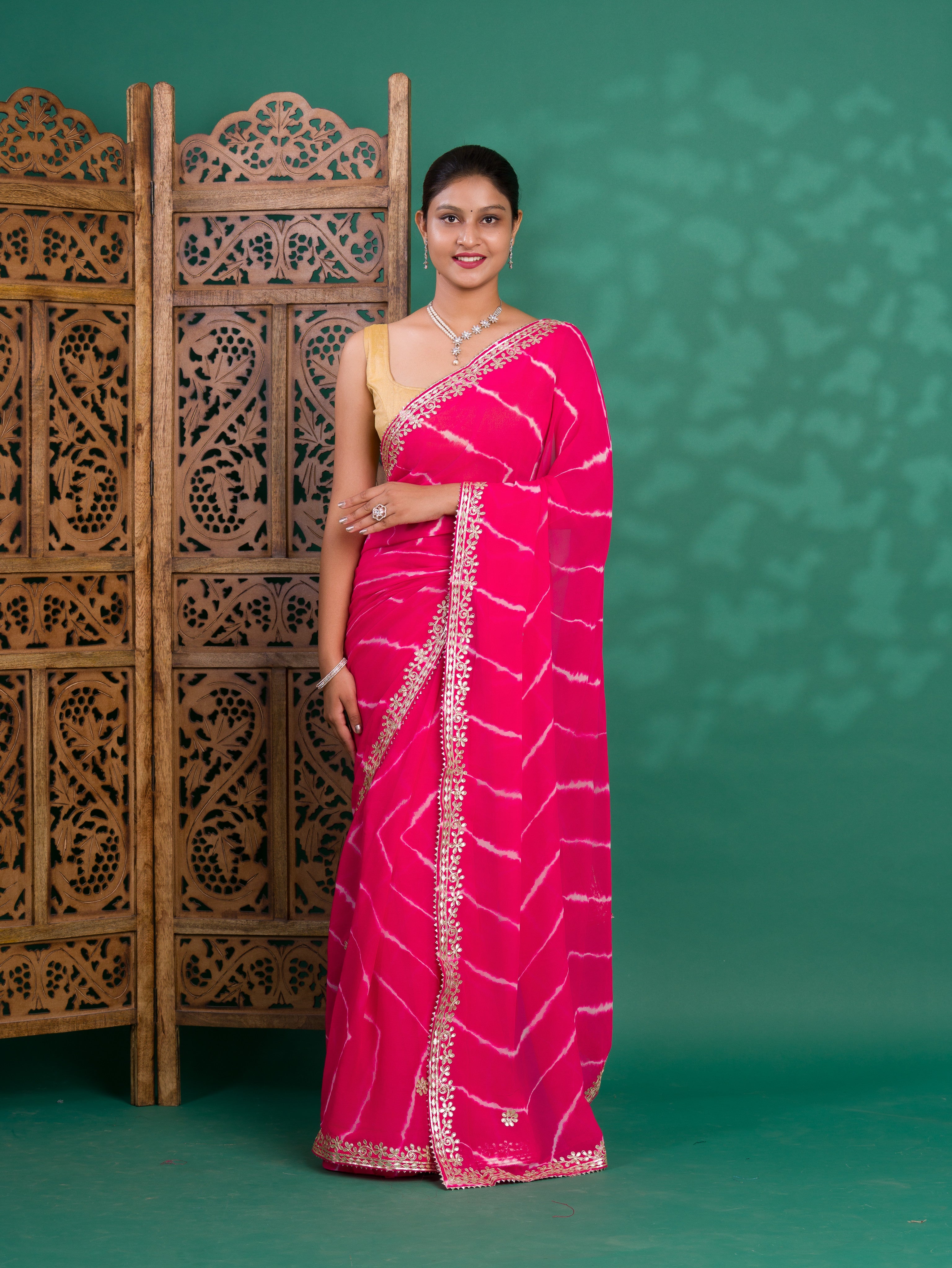 Chiffon Leheriya Style Wih Gotapatti Work Saree in pink colour