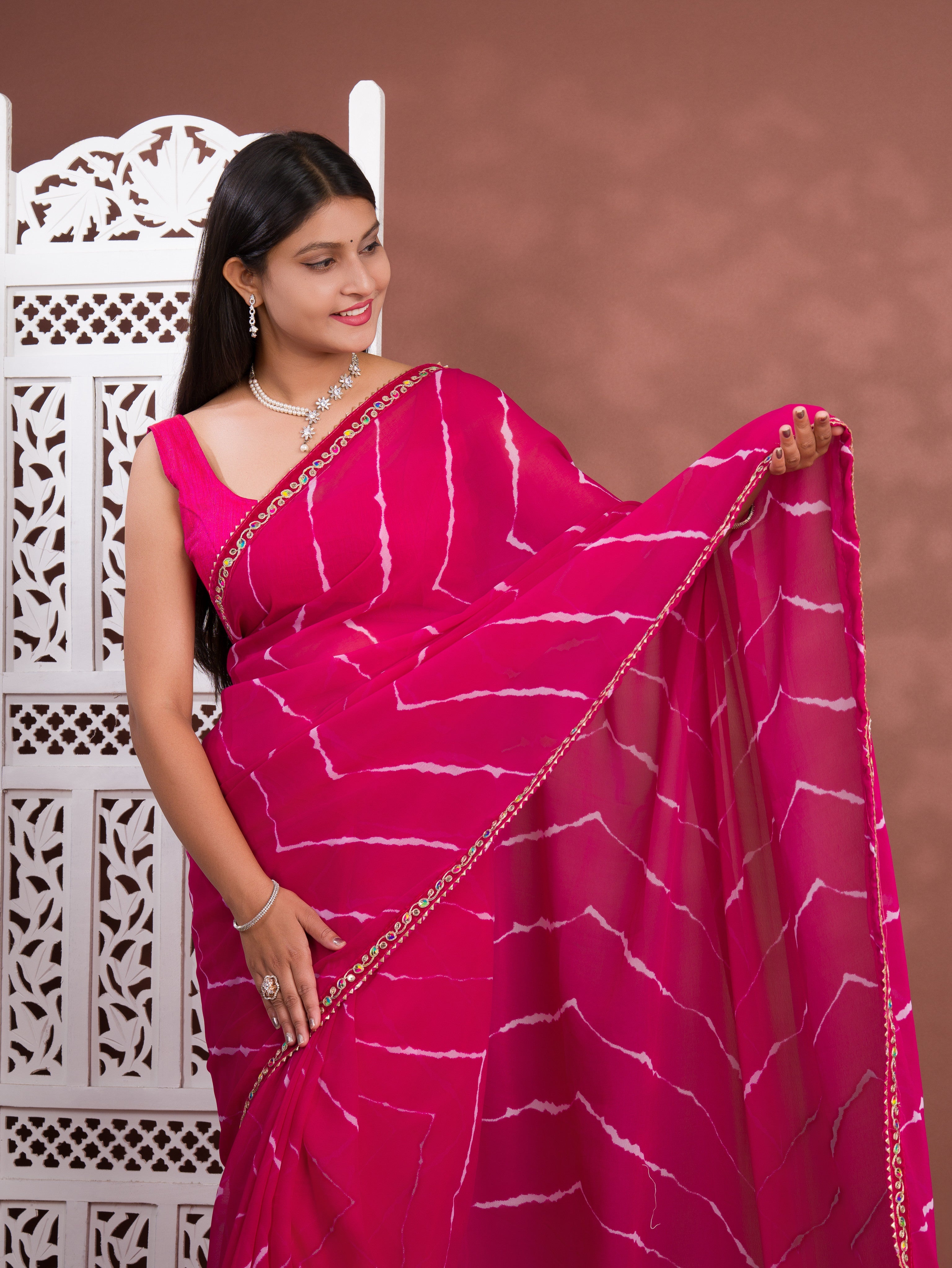 Tanmira Latest Chiffon Leheriya Style Saree with Embroidery Work  STL