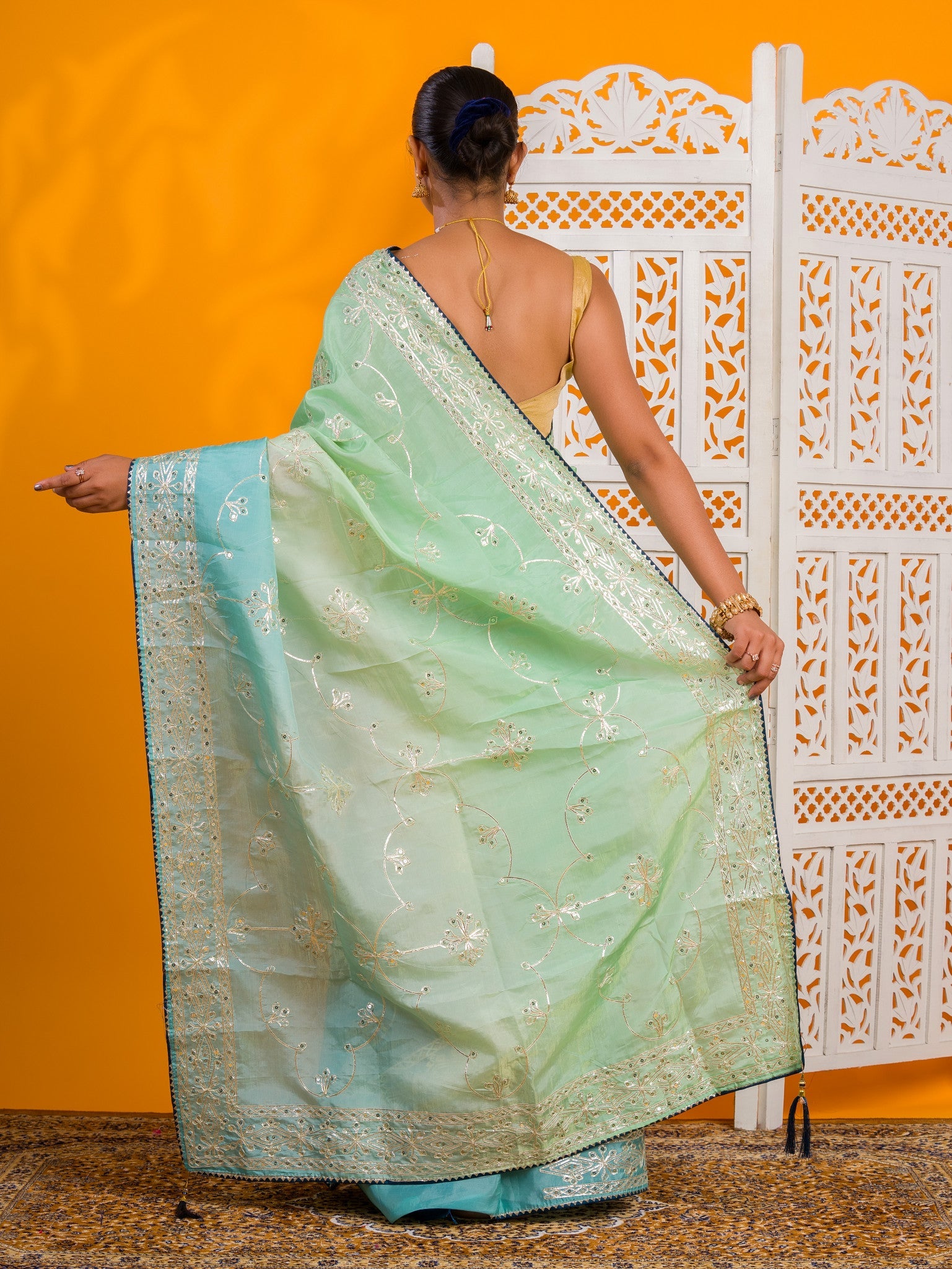 By New Latest Tissue Bollywood Style With Gotapatti Work Saree