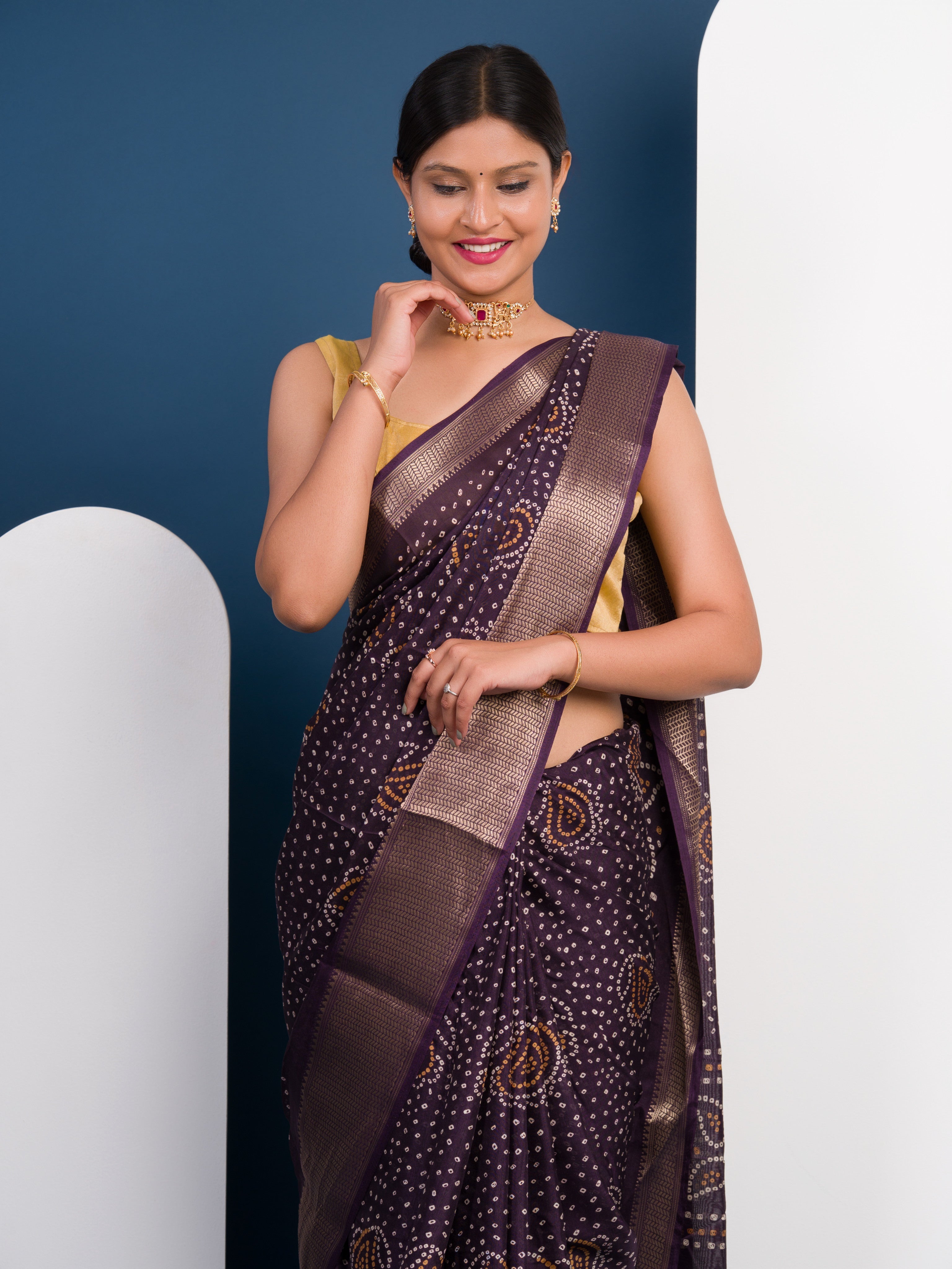 Tanmira New Launch Cotton silk Ajrakh style With Ajrakh HandPrint Work Saree STL