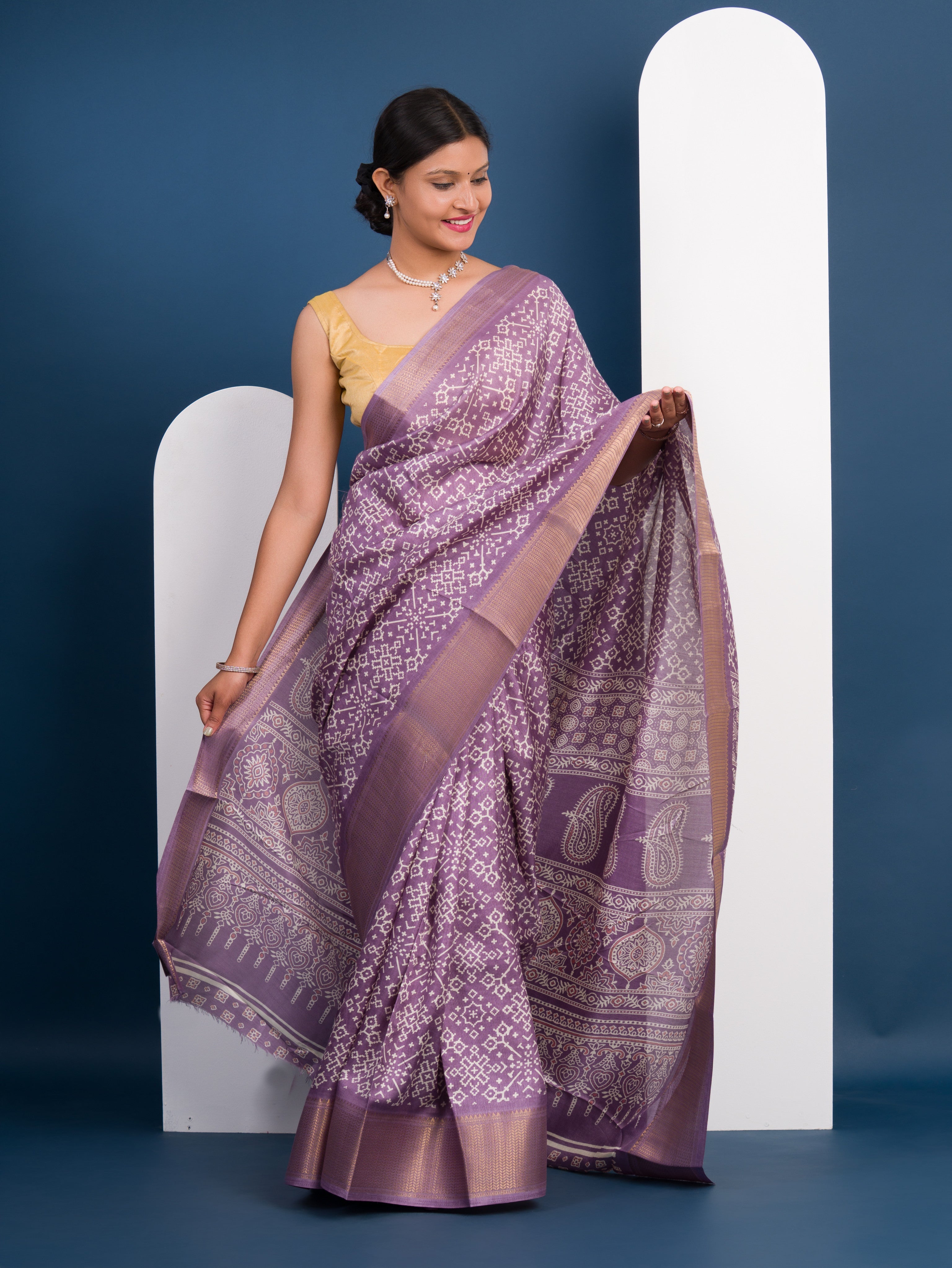 Tanmira New Cotton silk Ajrakh style With Ajrakh HandPrint Work Saree STL