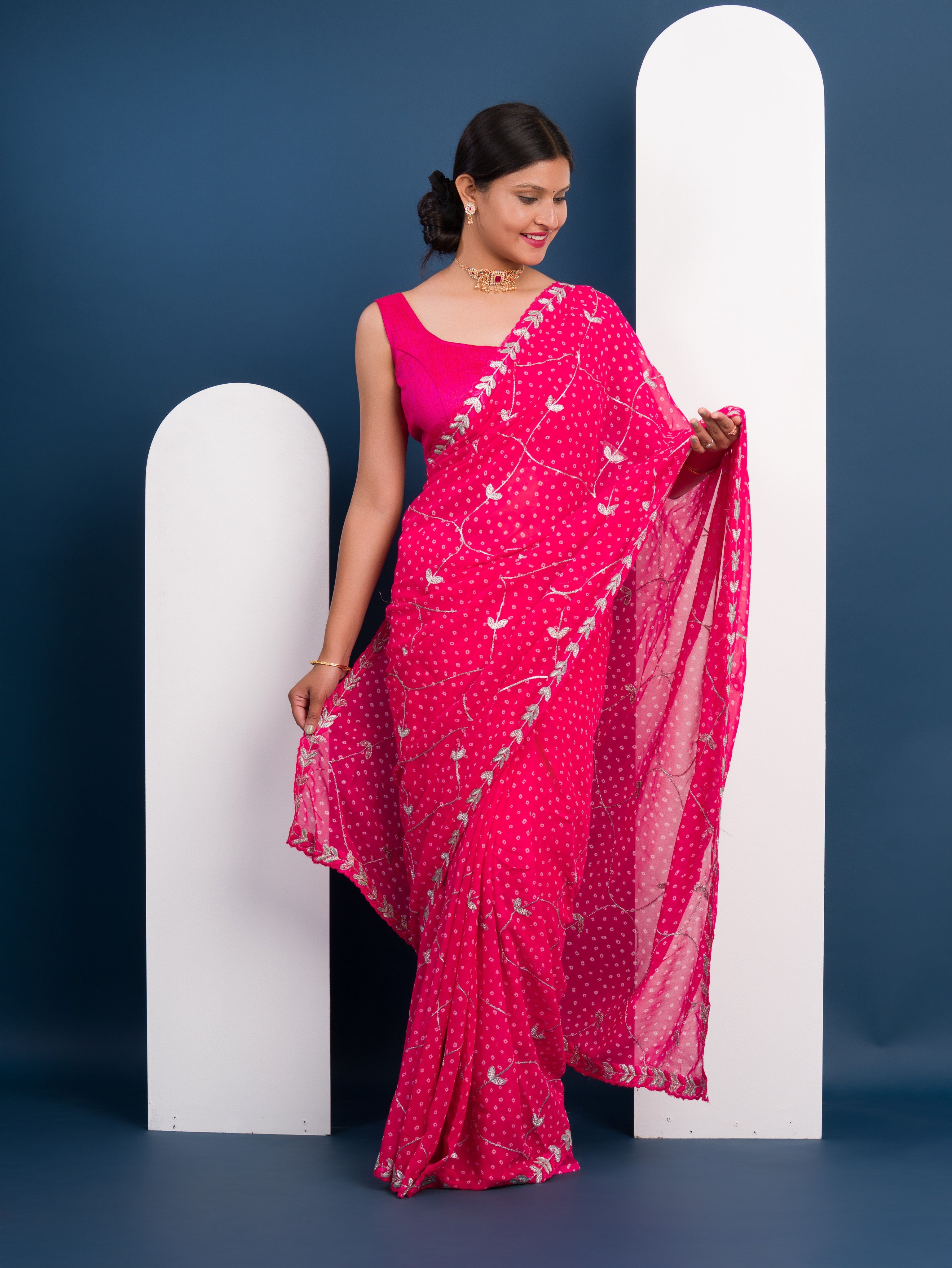 Tanmira New Georgette Bandhani Diamond Embroidery Work Saree SWA