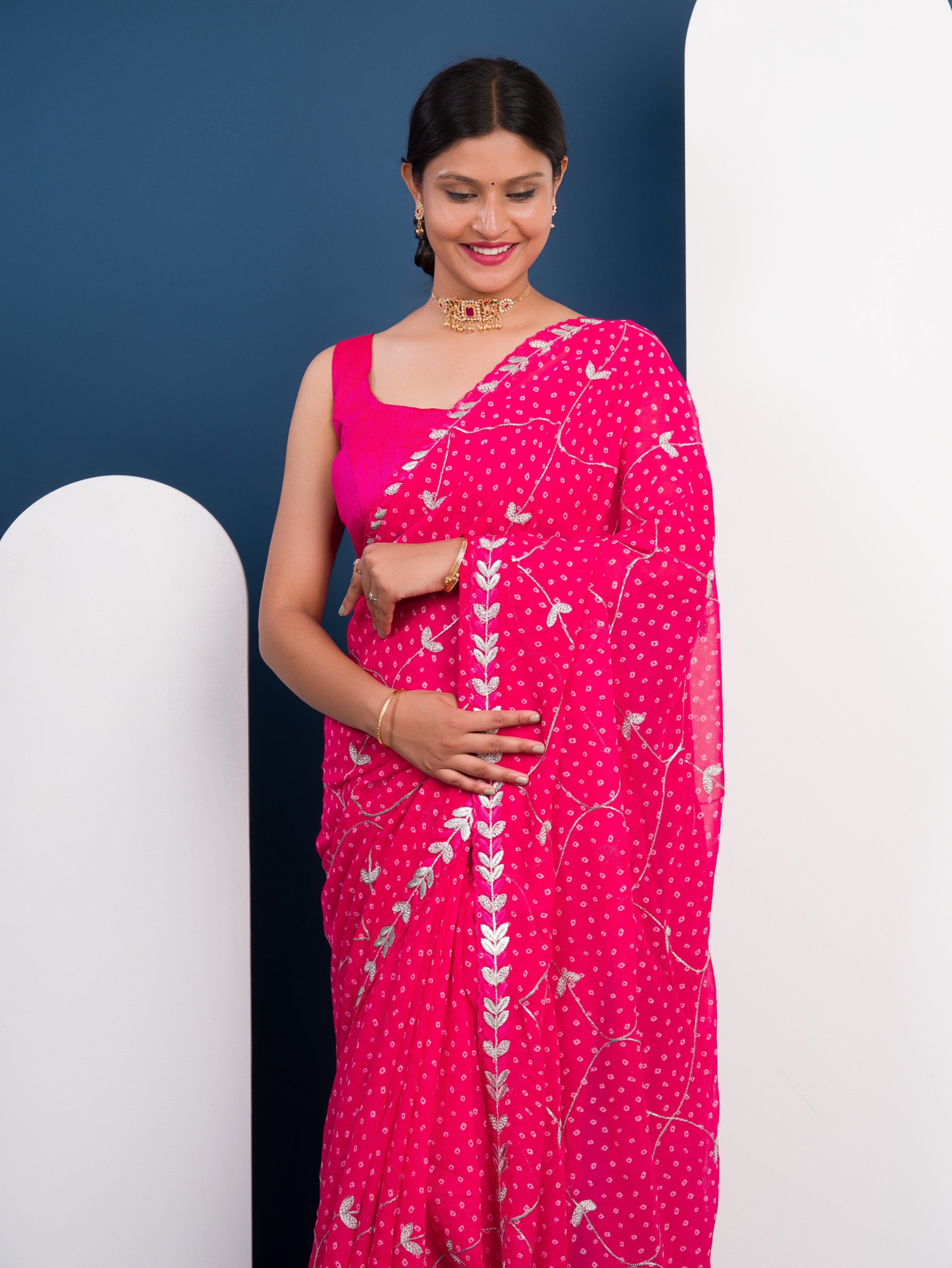 Tanmira New Georgette Bandhani Diamond Embroidery Work Saree SWA