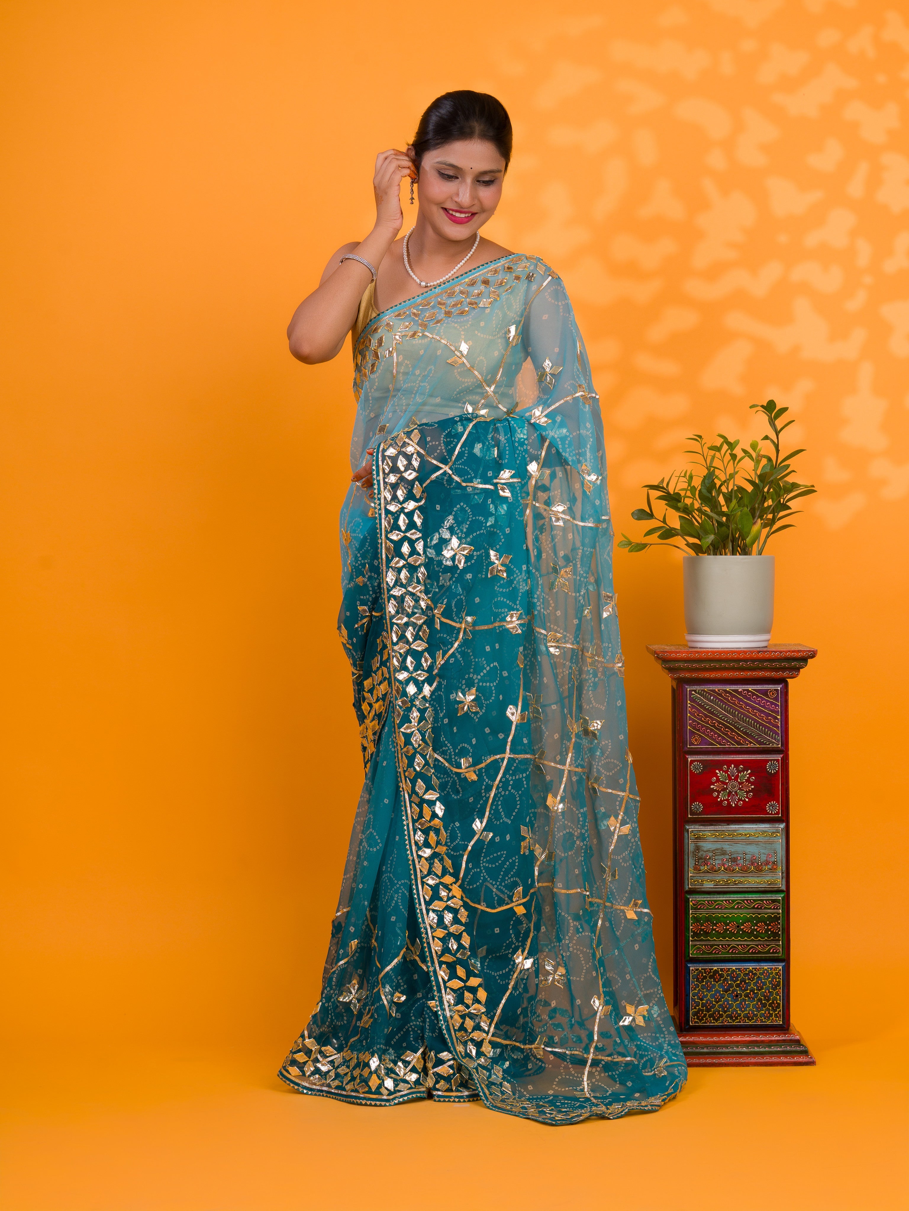  Blue saree with gold embroidery  Chiffon Bandhani Style With Gotapatti Work Saree