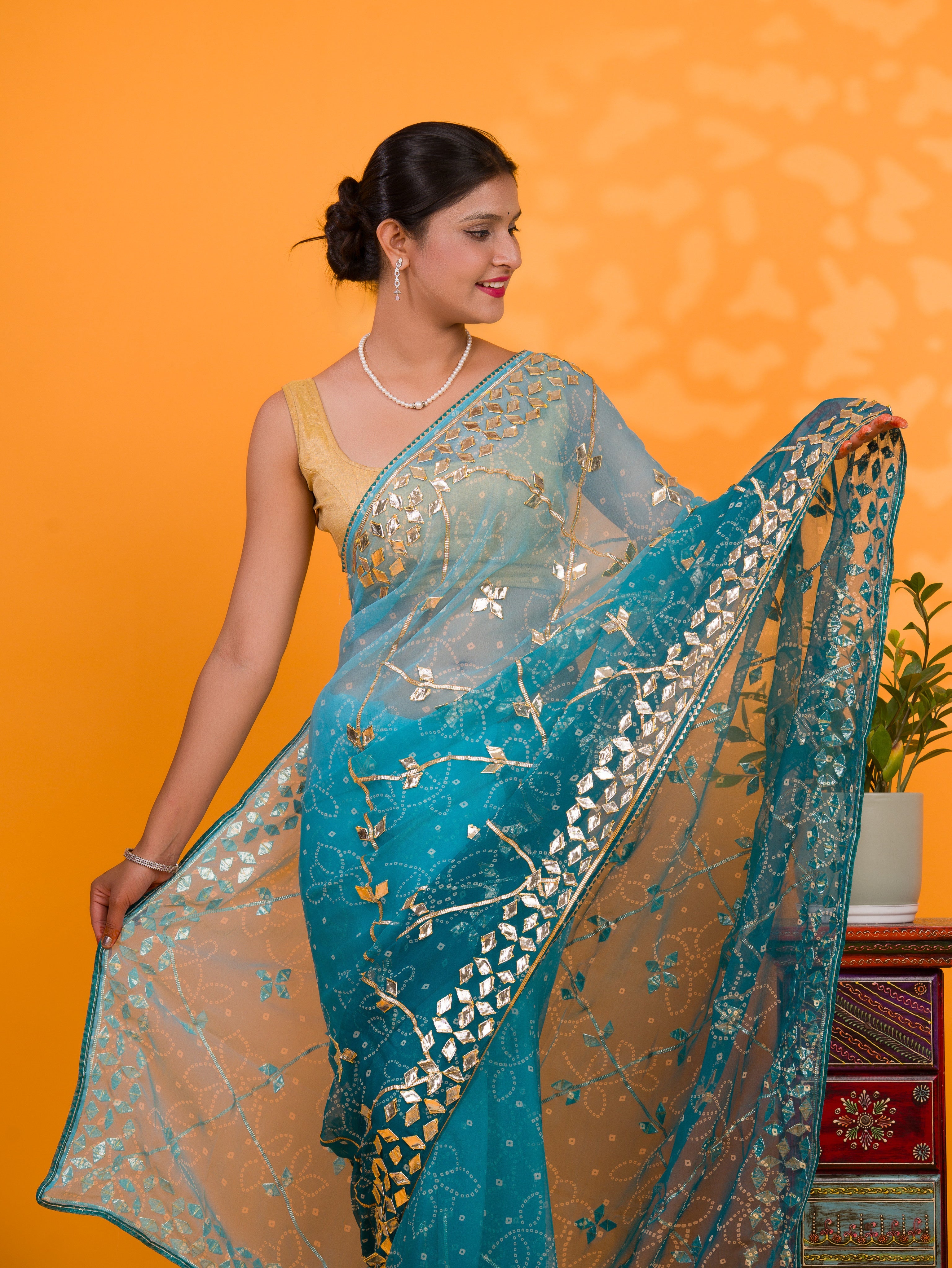  Blue saree with gold embroidery  Chiffon Bandhani Style With Gotapatti Work Saree