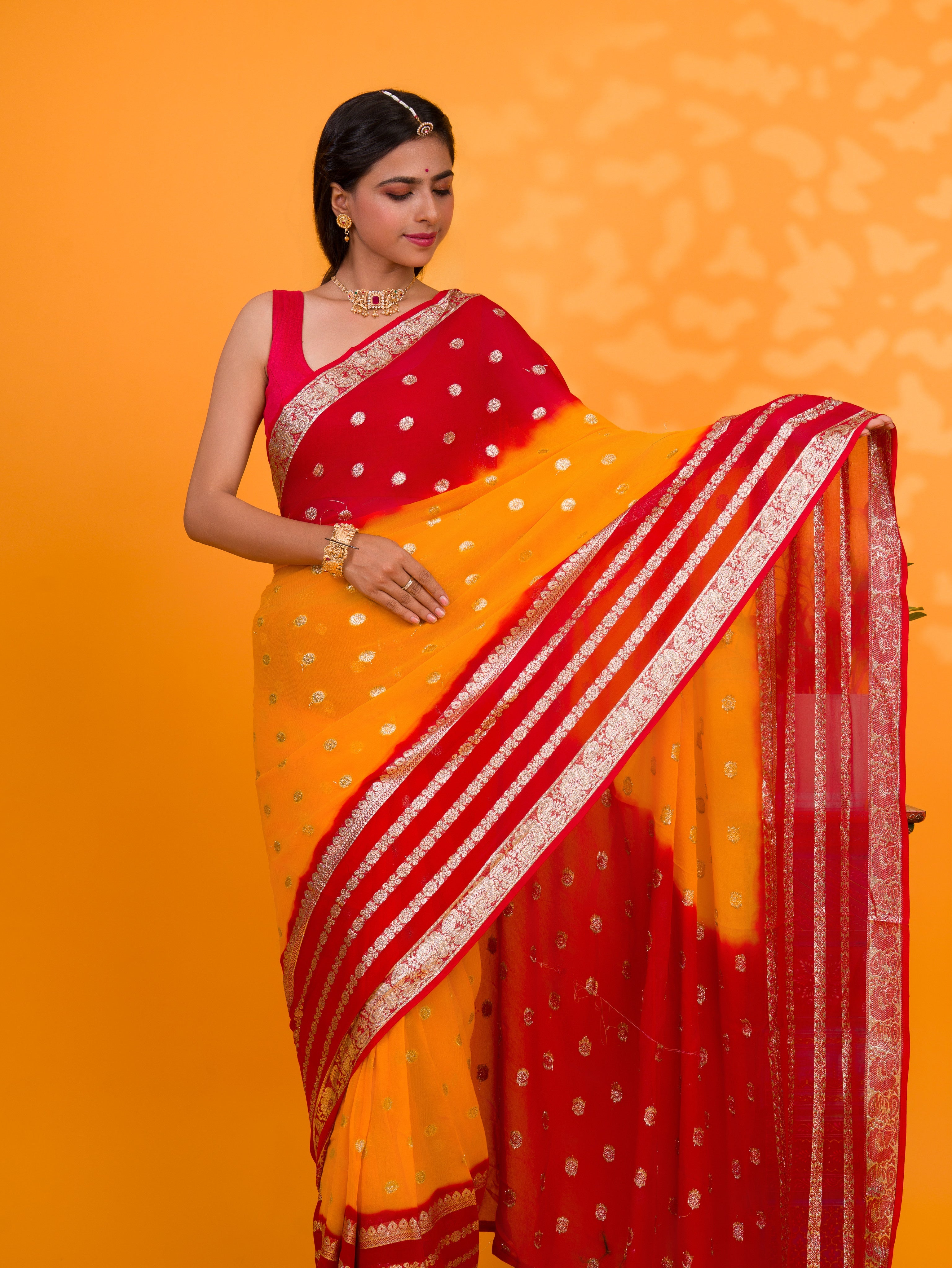 Tanmira New Pure Georgette Jaipuri Tie Dye Zari Weaving Saree