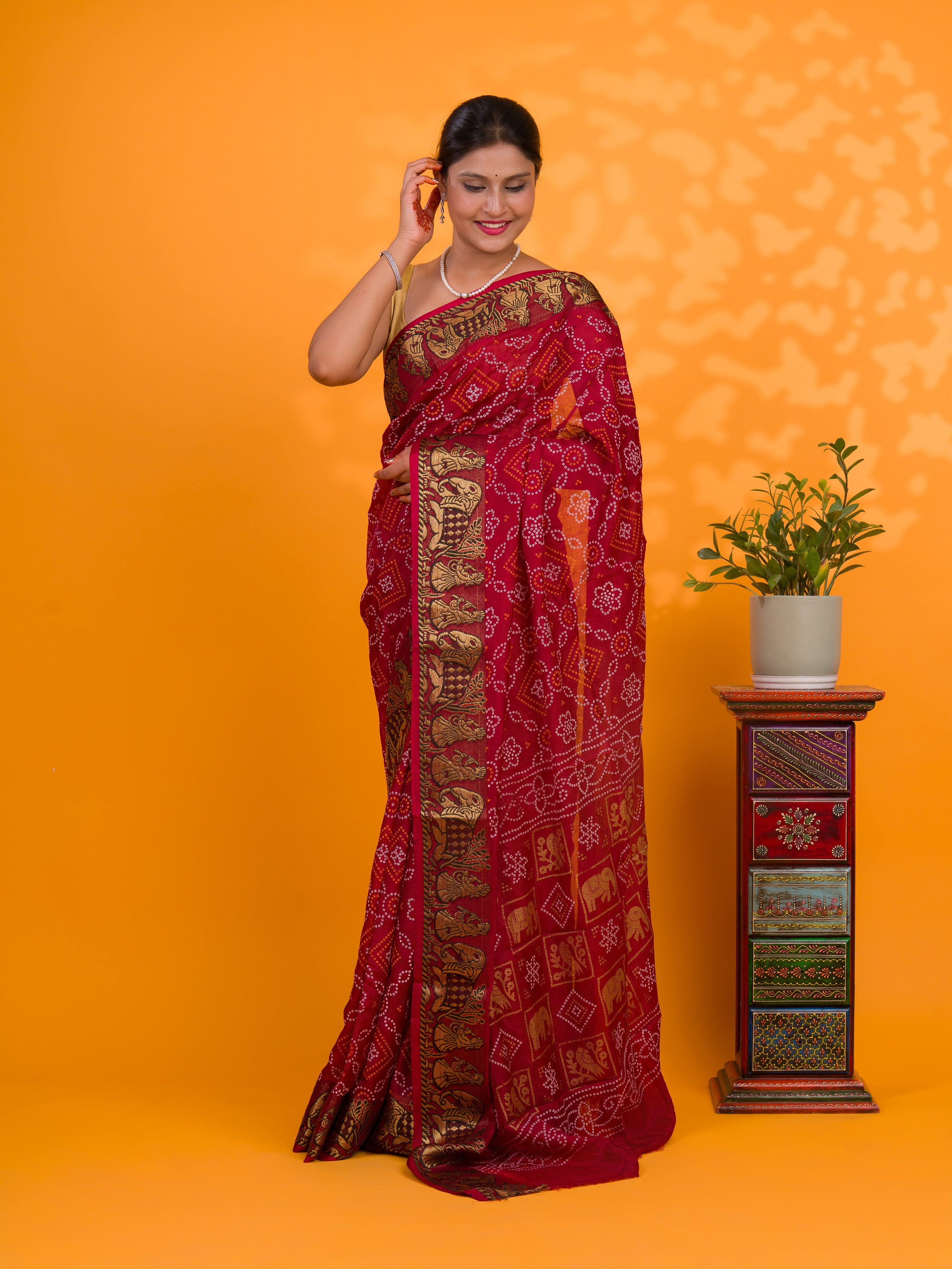 Tanmira Special Royal Rajasthani Bandhani Viscose Saree with Elephant Motifs  RJB