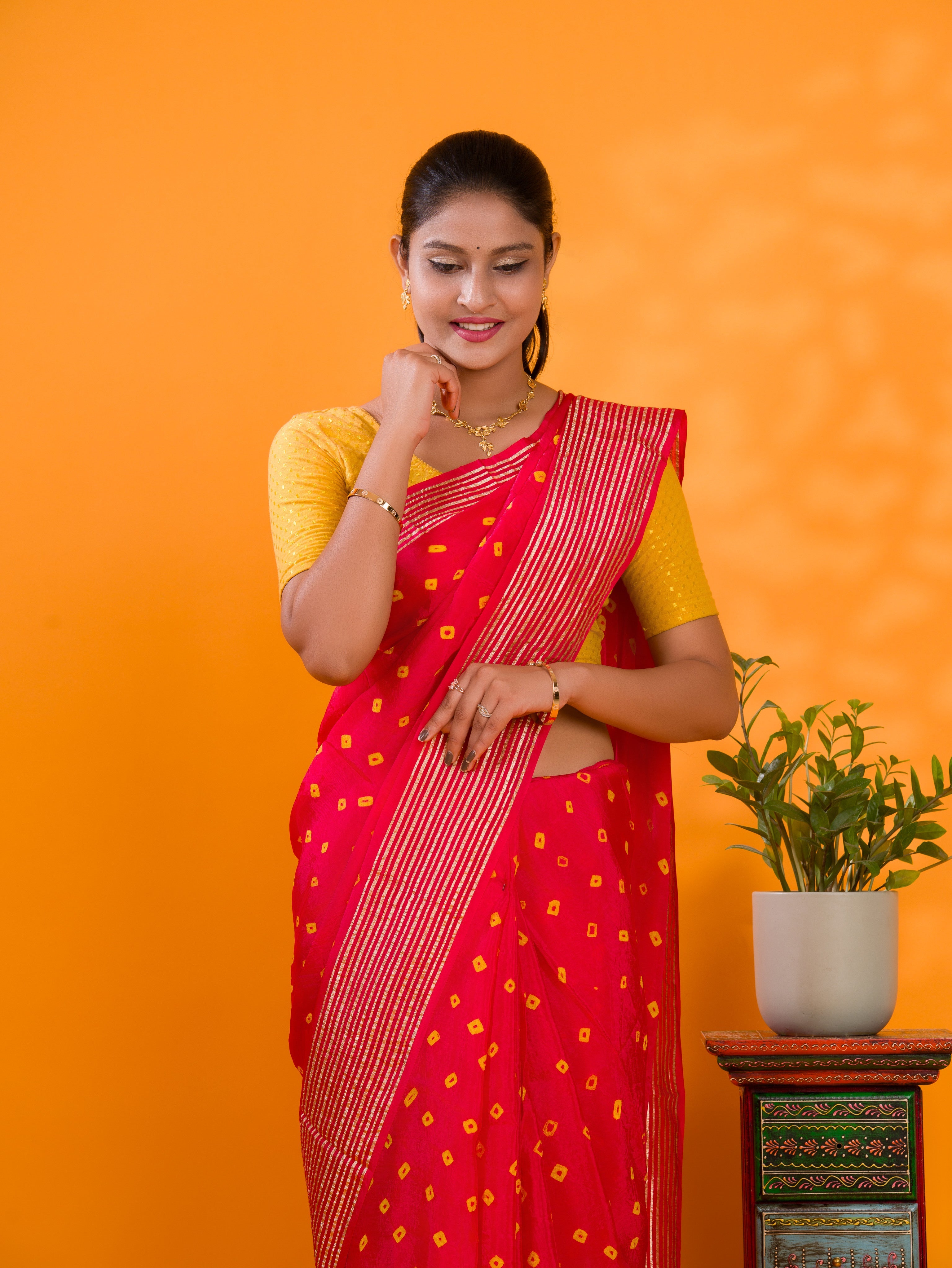 Tanmira Latest Chinon Silk Bandhani with Zari Border Saree Chand