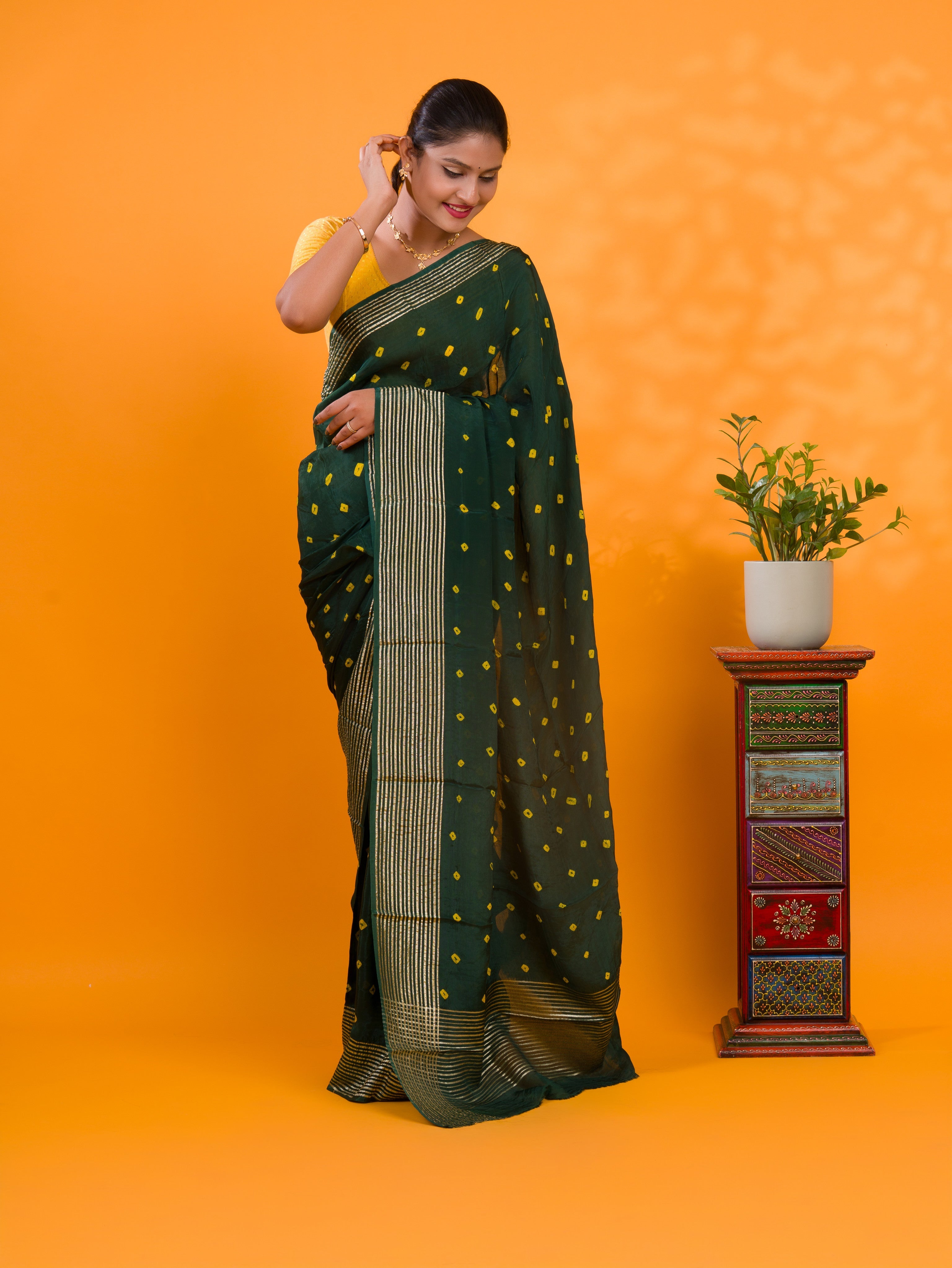 Tanmira Latest Chinon Silk Bandhani with Zari Border Saree Chand