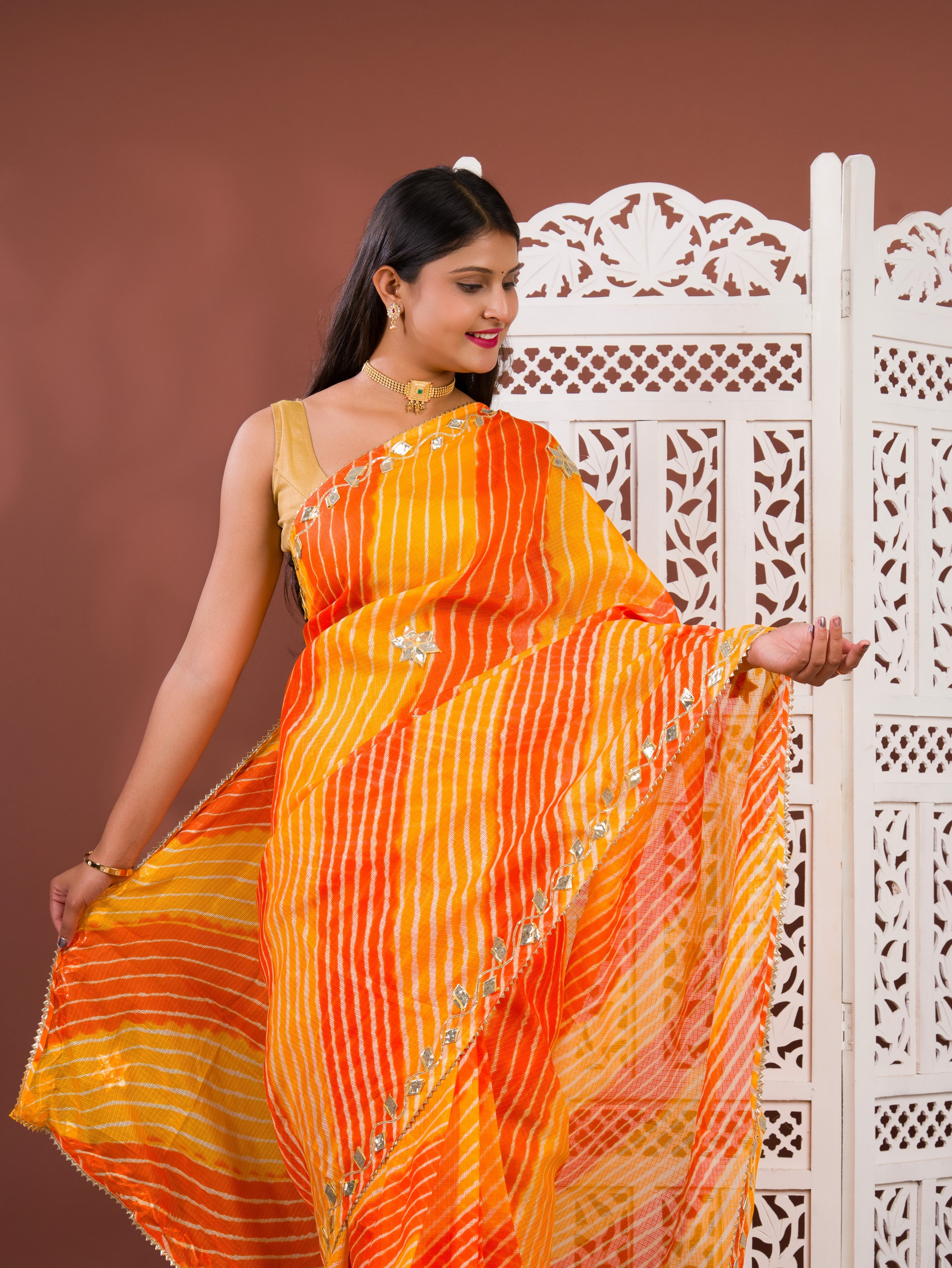By Leheriya Style With Gotapatti Work Saree