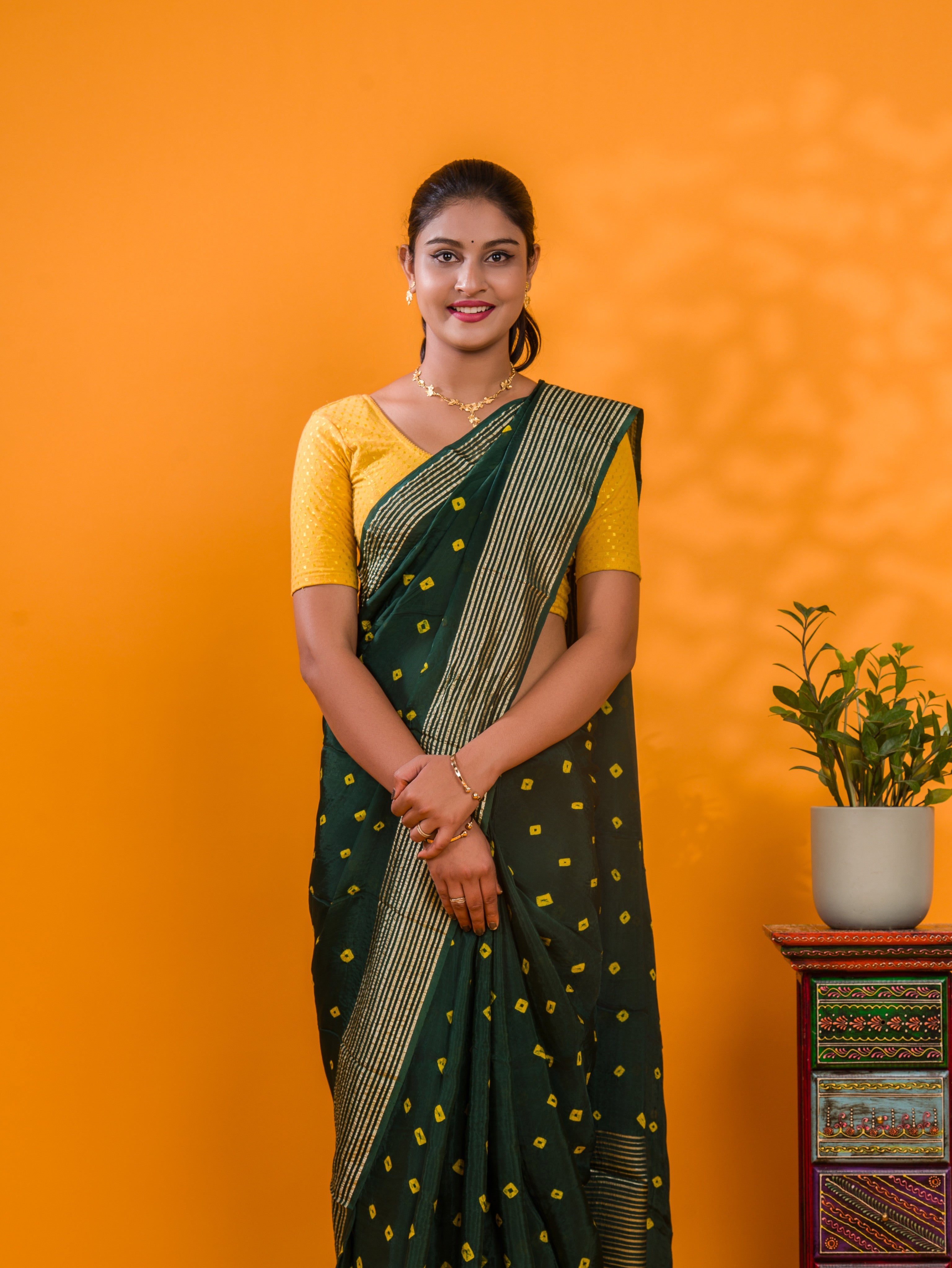 Tanmira Latest Chinon Silk Bandhani with Zari Border Saree Chand
