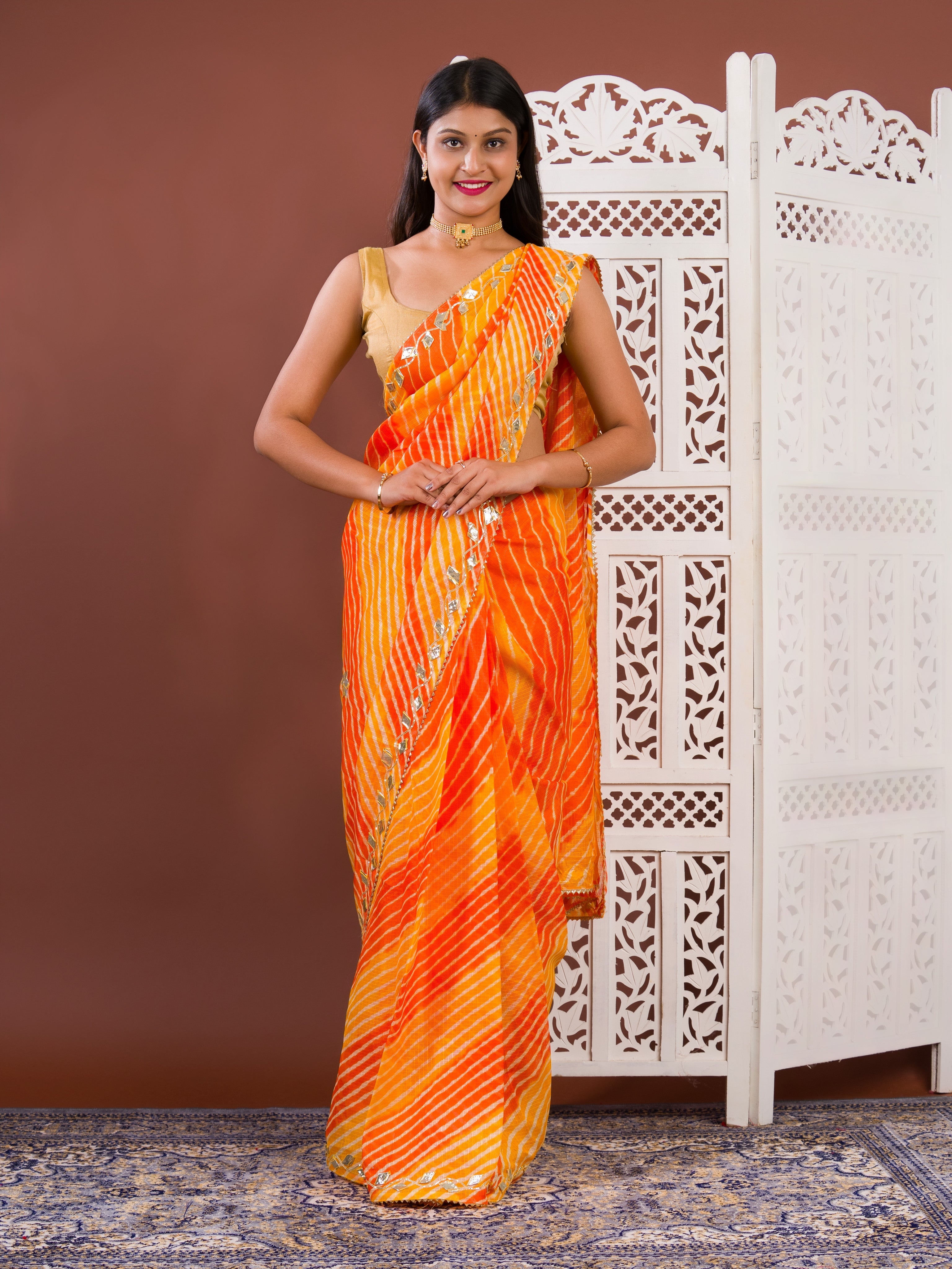 By Leheriya Style With Gotapatti Work Saree