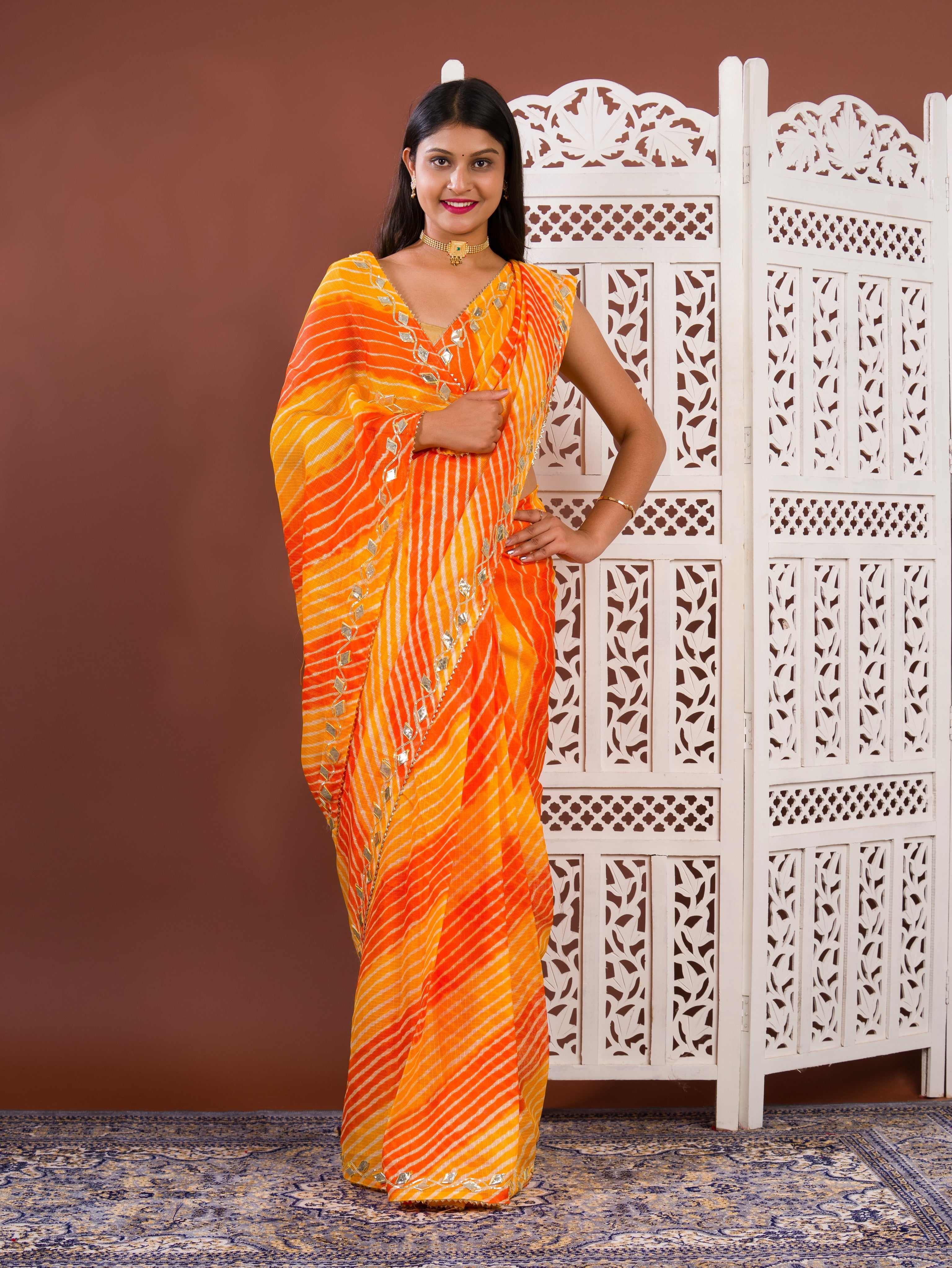 By Leheriya Style With Gotapatti Work Saree