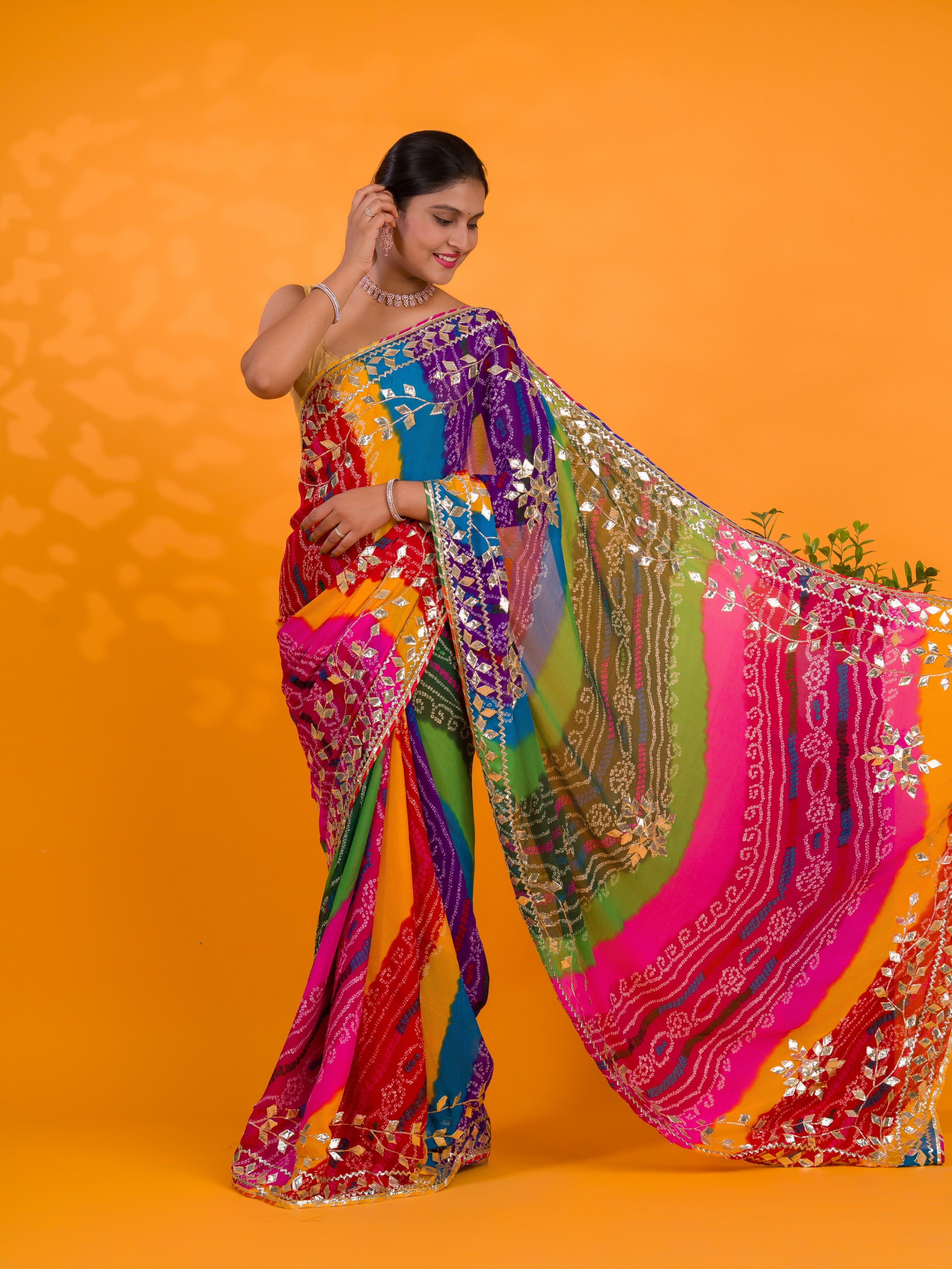 Tanmira Special Pure Georgette Multi Colour Bandhani Leheriya Gotapatti Work Saree MHS