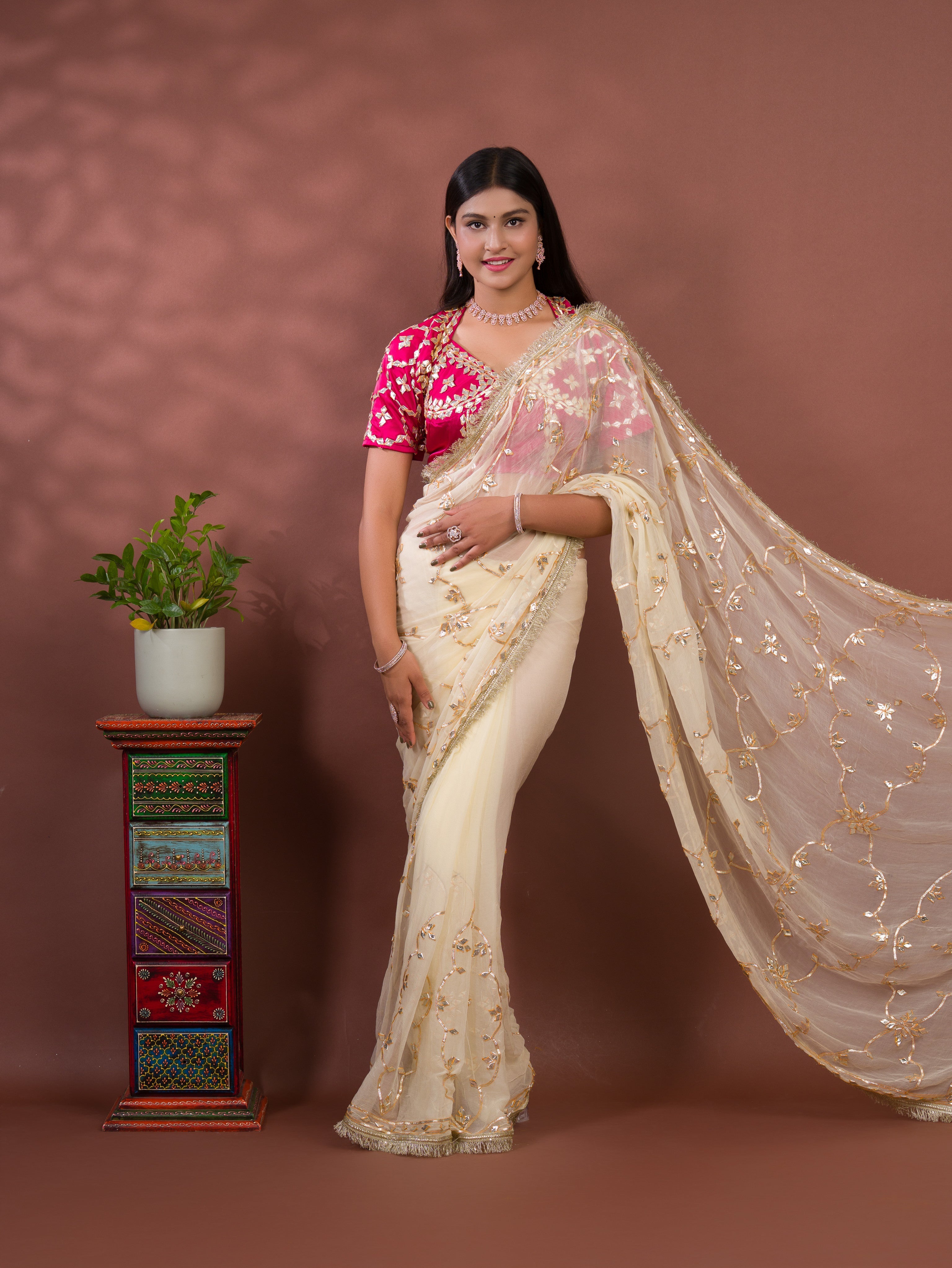 Tanmira New Luxury Chiffon Silk Saree with Royal Handmade Kaccha Gotapatti Work Saree SATISH
