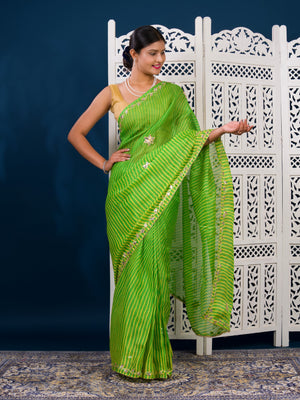  Kota doriya Leheriya Style With Gotapatti Work Saree in green colour