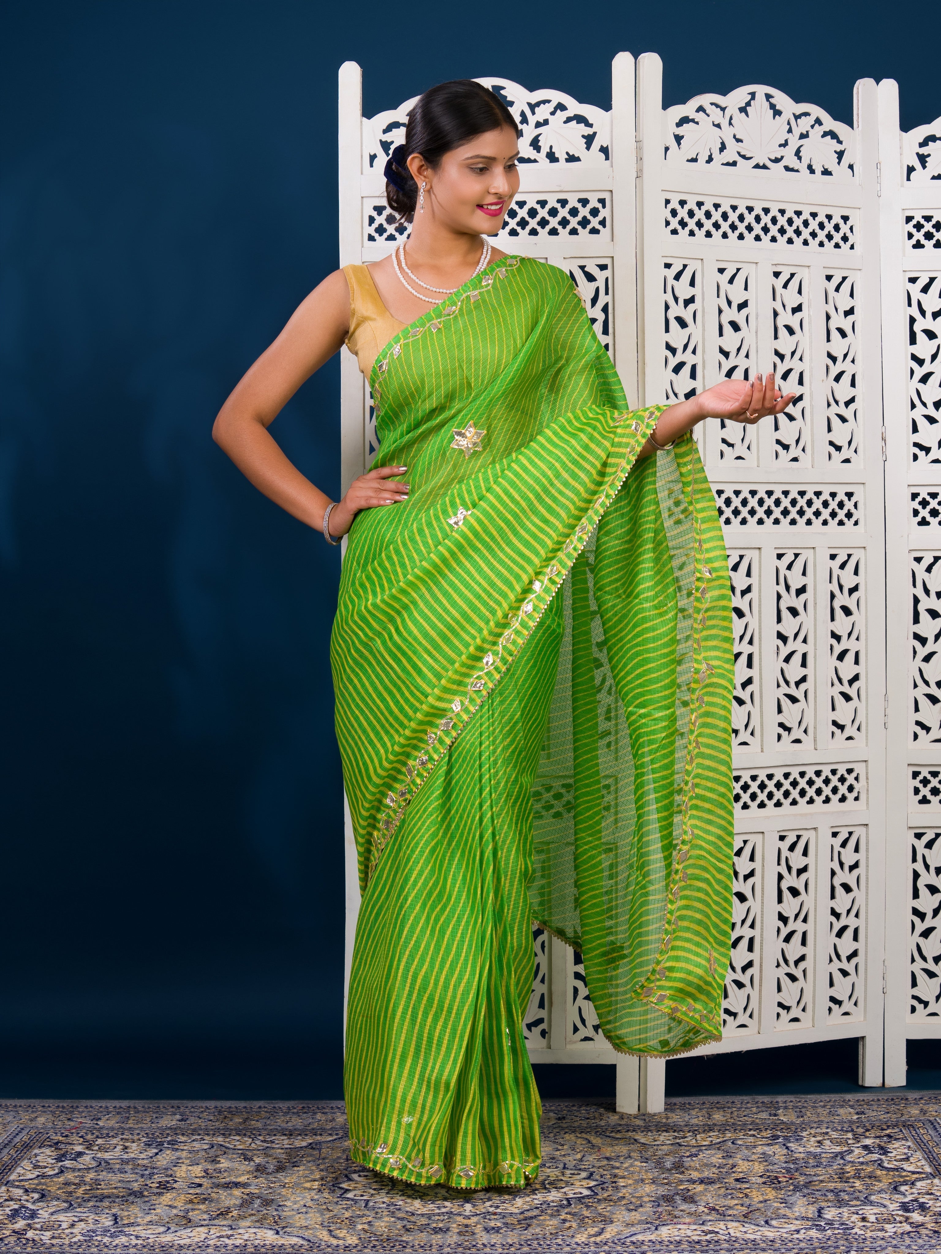  Kota doriya Leheriya Style With Gotapatti Work Saree in green colour