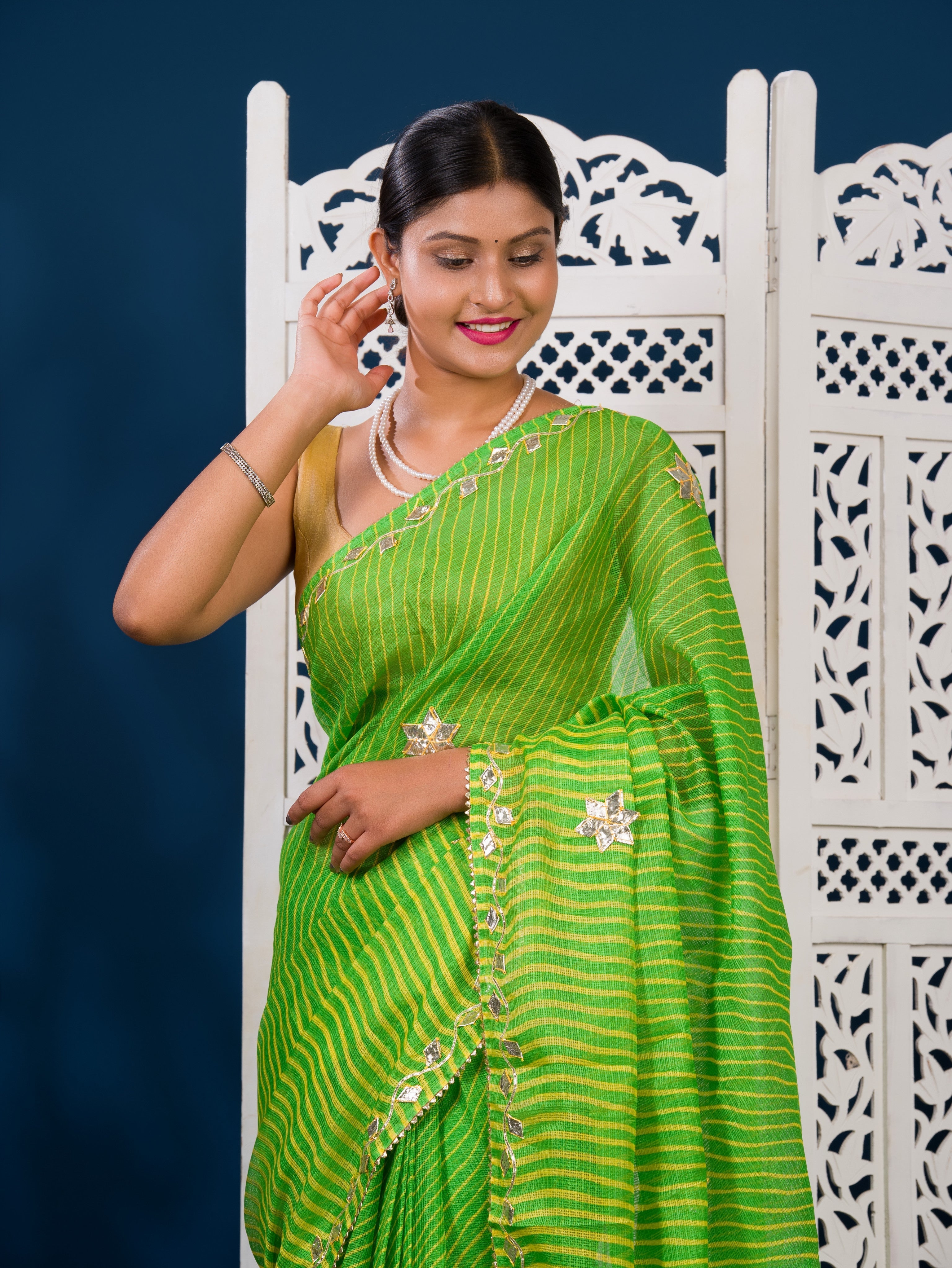  Kota doriya Leheriya Style With Gotapatti Work Saree in green colour