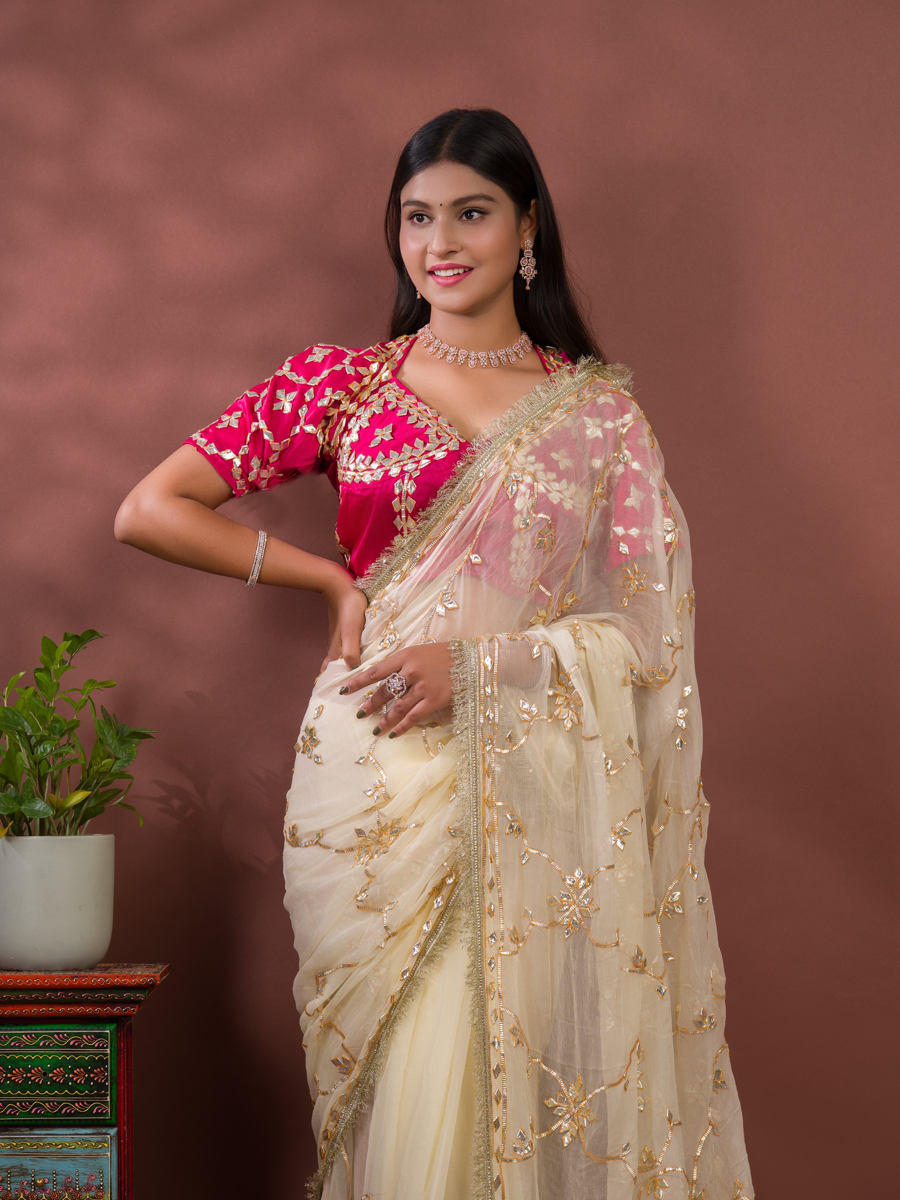Tanmira New Luxury Chiffon Silk Saree with Royal Handmade Kaccha Gotapatti Work Saree SATISH